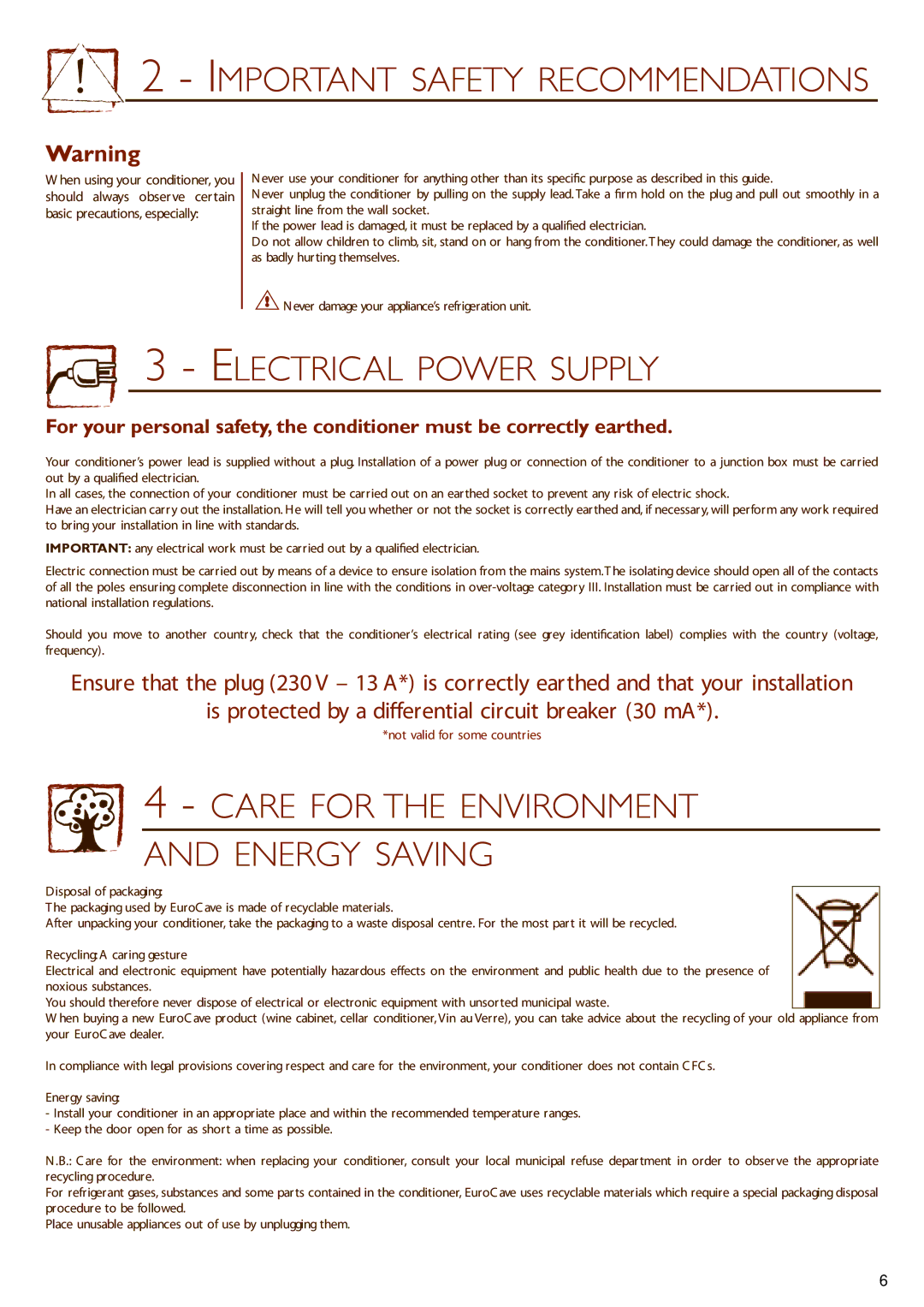 Eurocave 50, 25 installation instructions Electrical Power Supply 