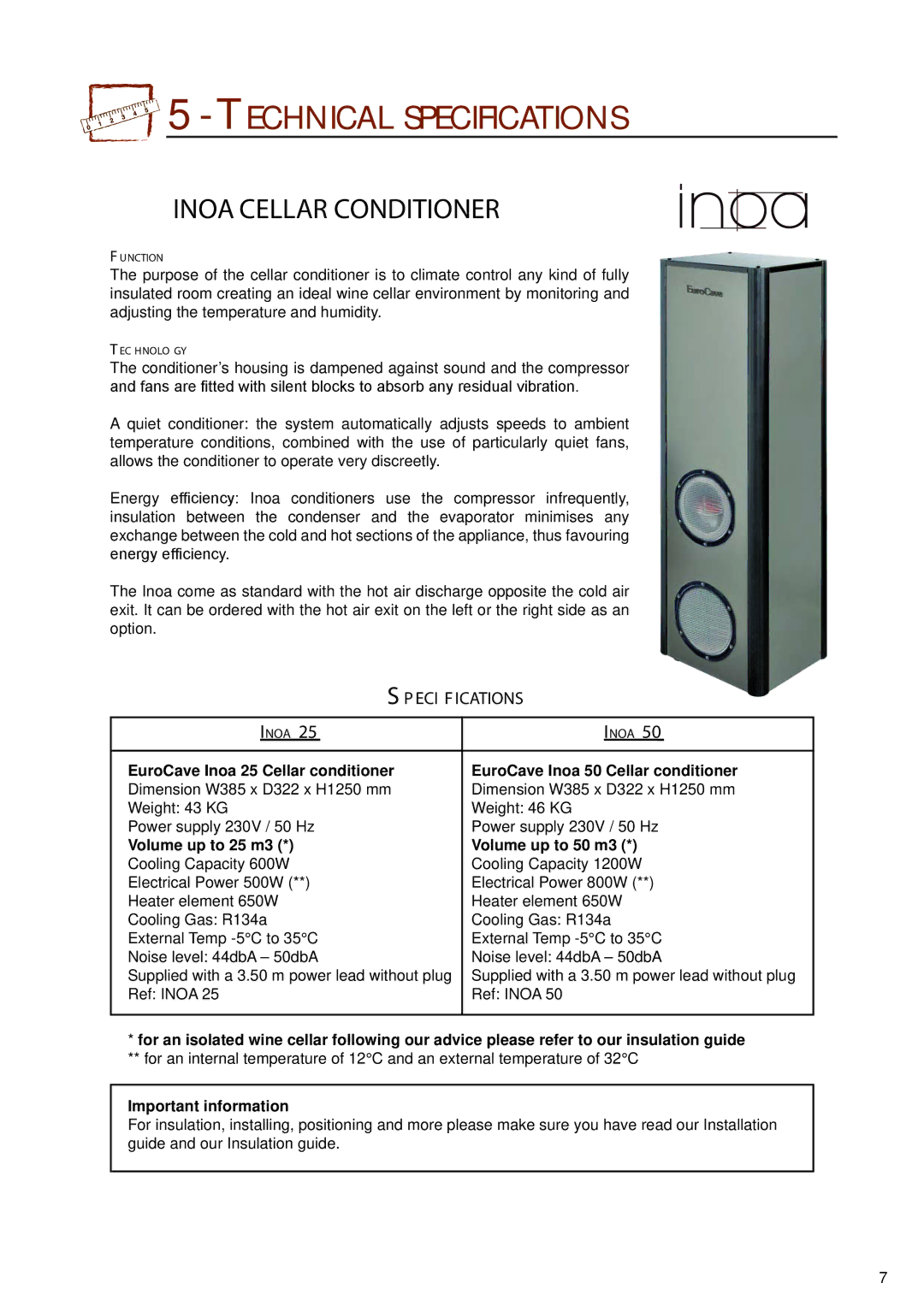 Eurocave 25, 50 installation instructions Technical Specifications 