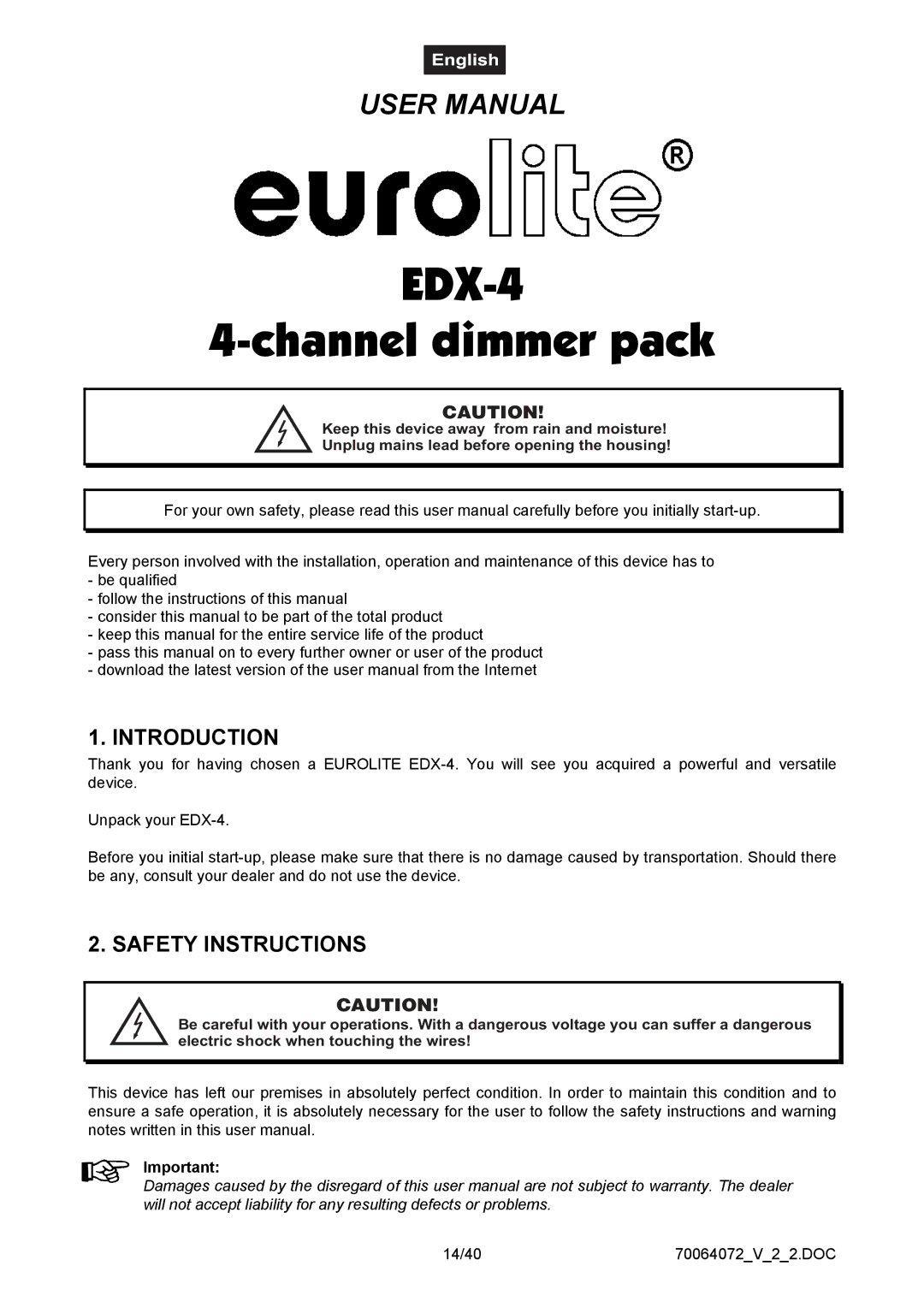 EuroLite Cases EDX-4, 4-channel DMX dimmer pack user manual Introduction, Safety Instructions 