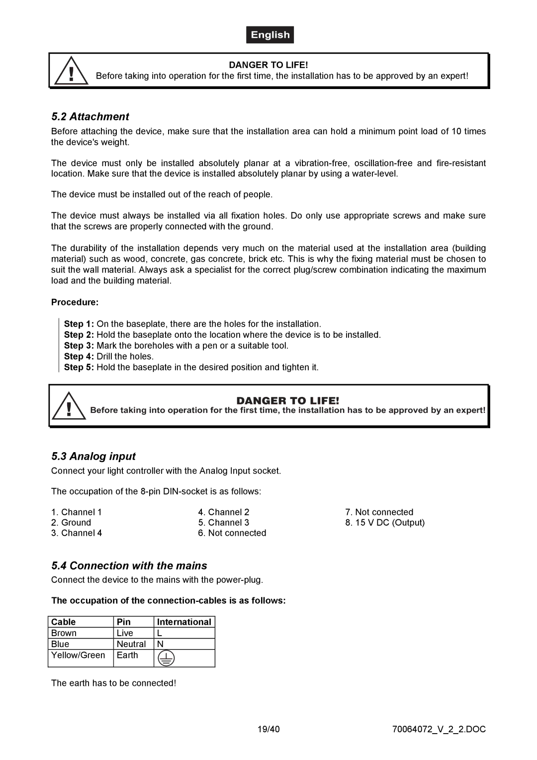 EuroLite Cases 4-channel DMX dimmer pack, EDX-4 user manual Attachment, Analog input, Connection with the mains 