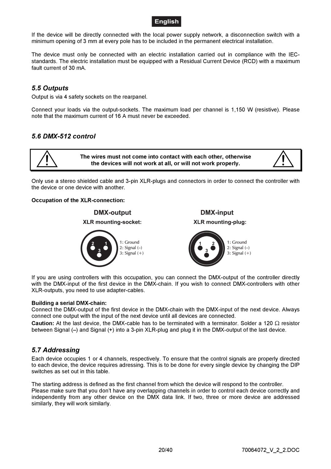 EuroLite Cases EDX-4 Outputs, DMX-512 control, Addressing, Occupation of the XLR-connection, Building a serial DMX-chain 