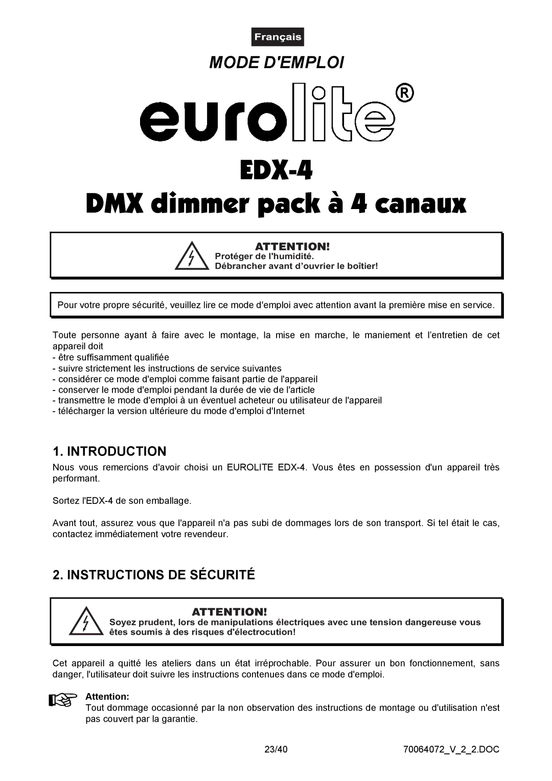 EuroLite Cases 4-channel DMX dimmer pack, EDX-4 user manual DMX dimmer pack à 4 canaux, Instructions DE Sécurité 