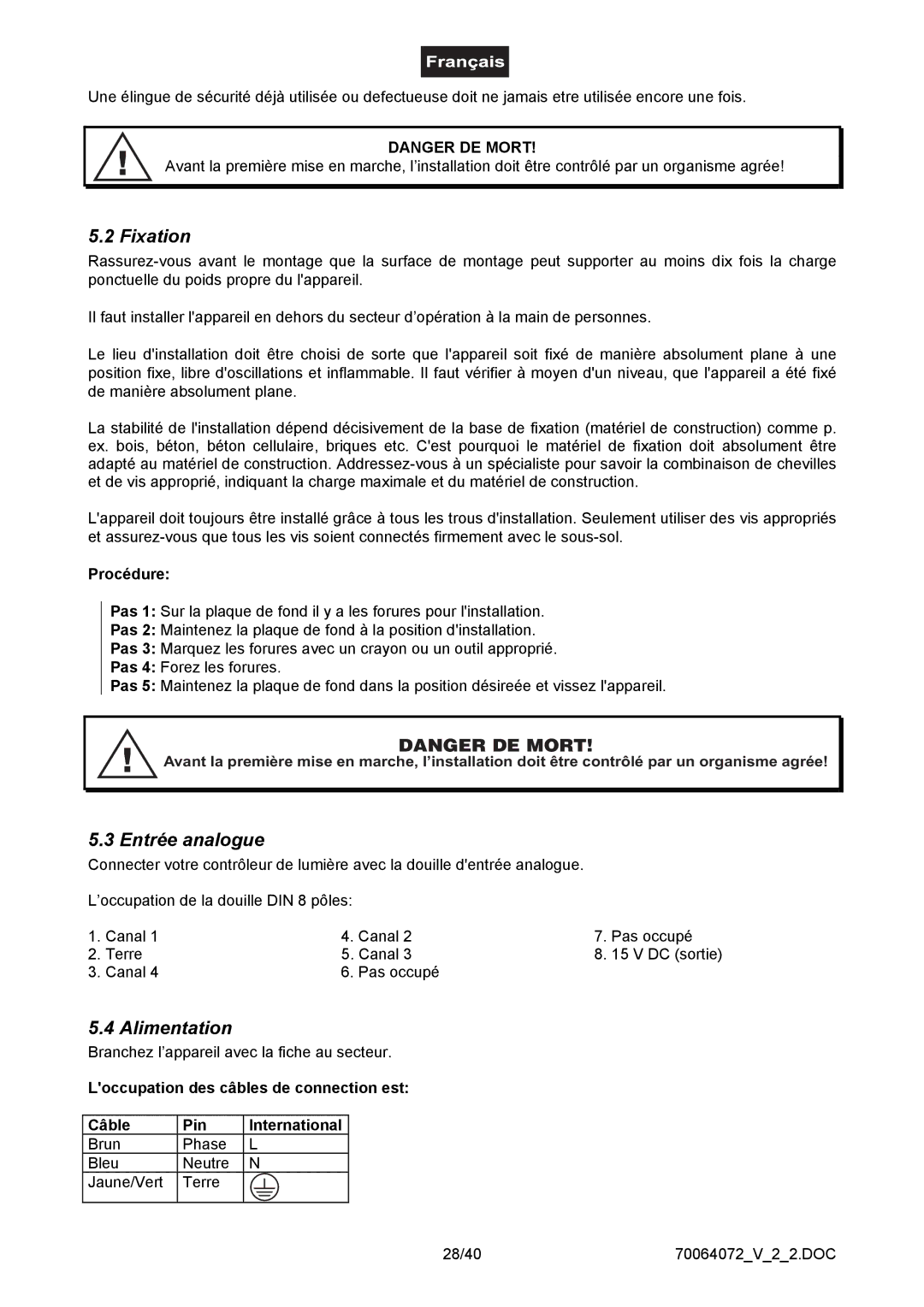 EuroLite Cases EDX-4, 4-channel DMX dimmer pack user manual Fixation, Entrée analogue, Alimentation 