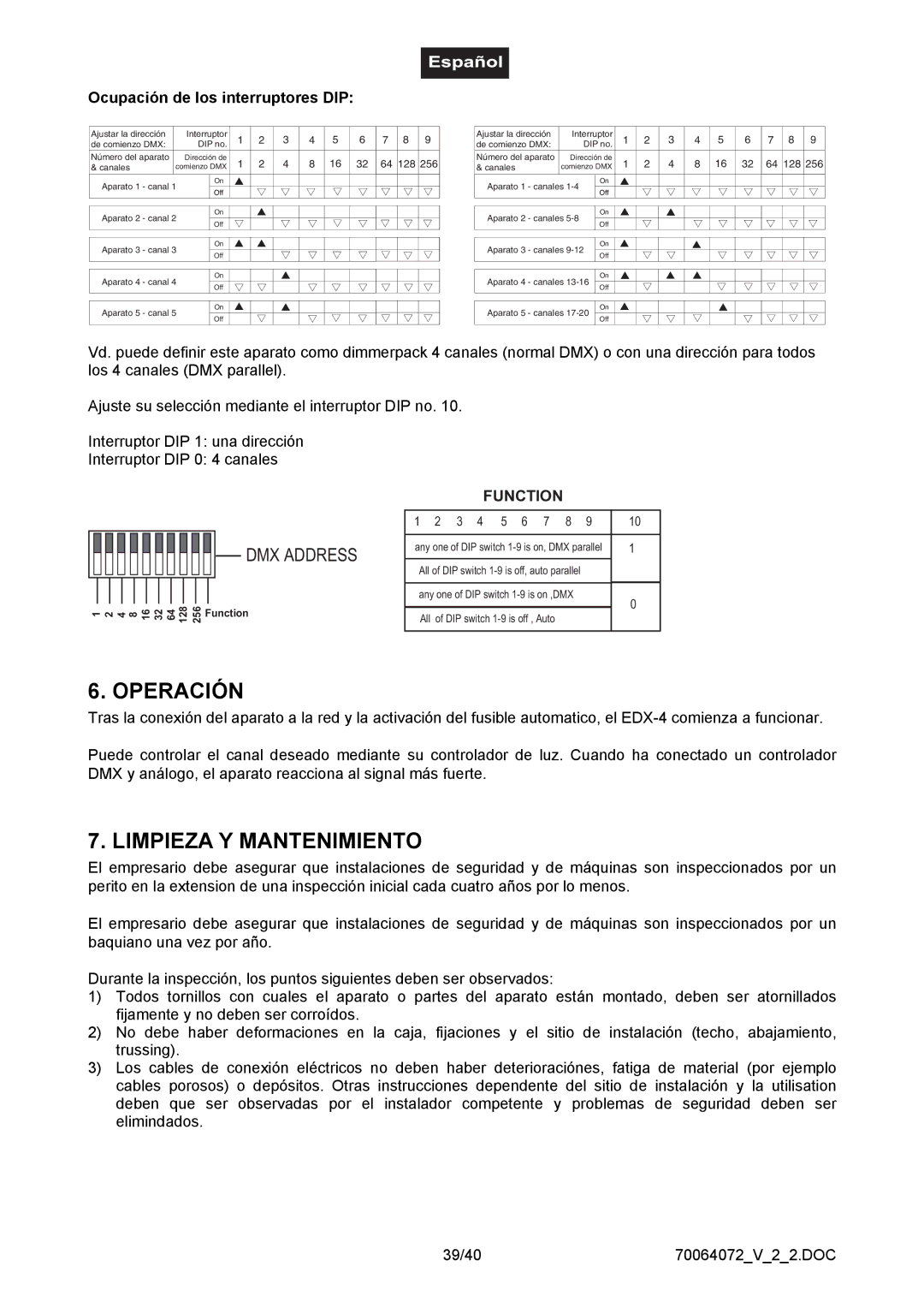 EuroLite Cases 4-channel DMX dimmer pack, EDX-4 Operación, Limpieza Y Mantenimiento, Ocupación de los interruptores DIP 