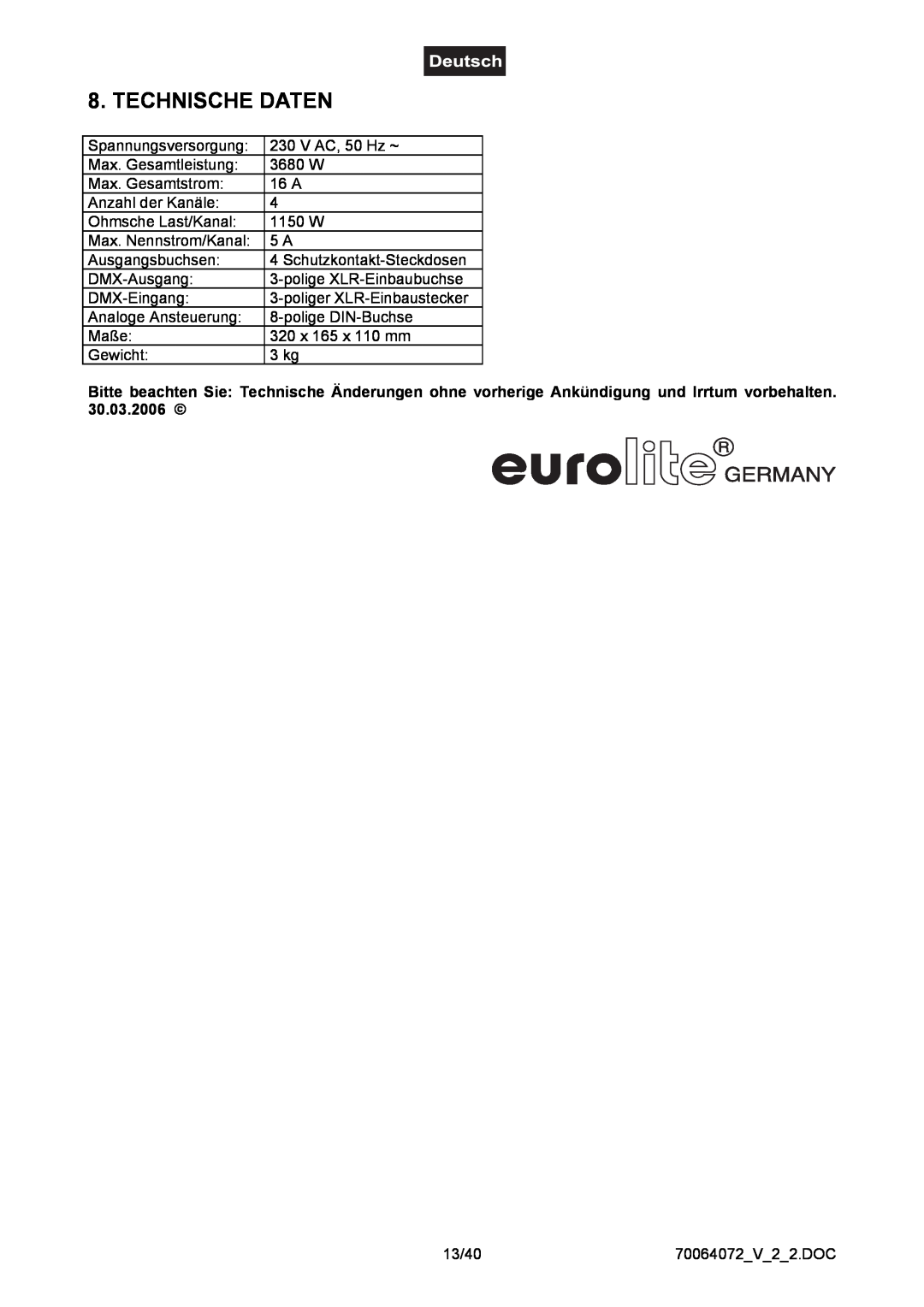 EuroLite Cases 4-channel DMX dimmer pack, EDX-4 user manual Technische Daten 