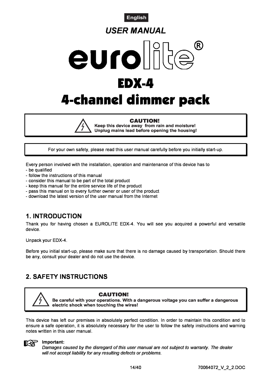 EuroLite Cases 4-channel DMX dimmer pack EDX-4 4-channel dimmer pack, User Manual, Introduction, Safety Instructions 