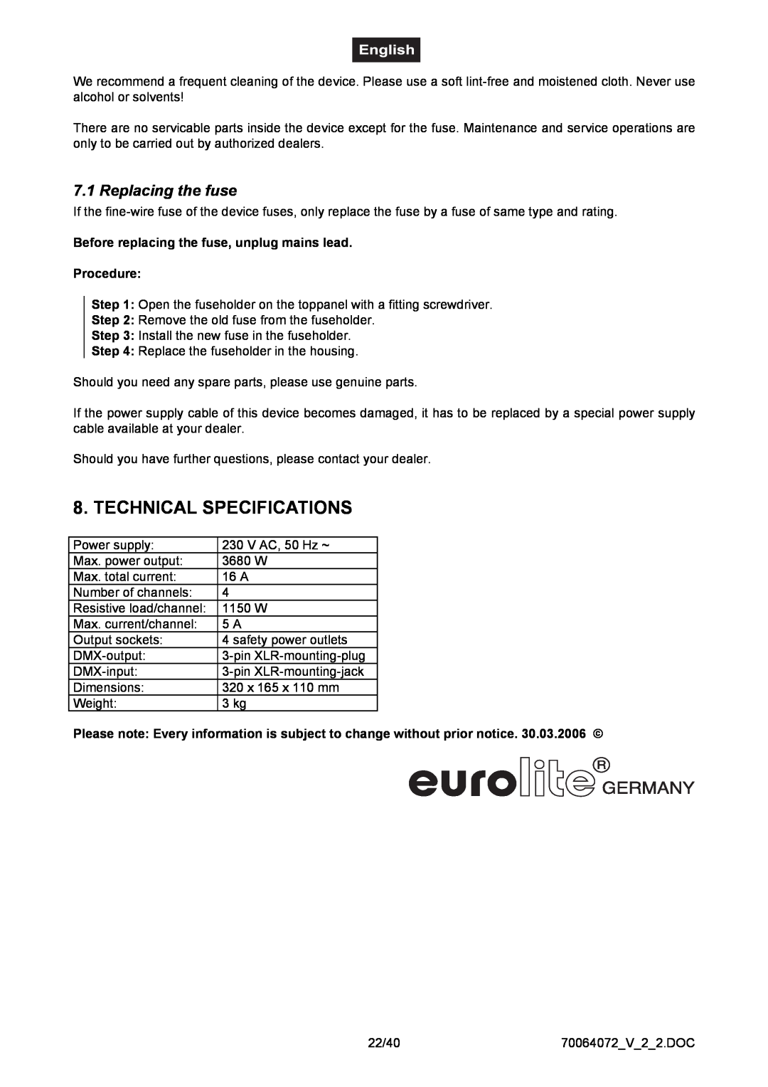 EuroLite Cases EDX-4 Technical Specifications, Replacing the fuse, Before replacing the fuse, unplug mains lead Procedure 