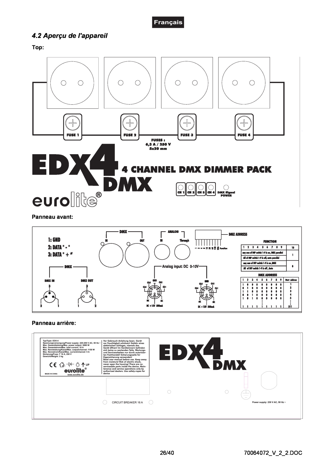 EuroLite Cases EDX-4, 4-channel DMX dimmer pack user manual Aperçu de lappareil, eurolite, Top Panneau avant Panneau arrière 