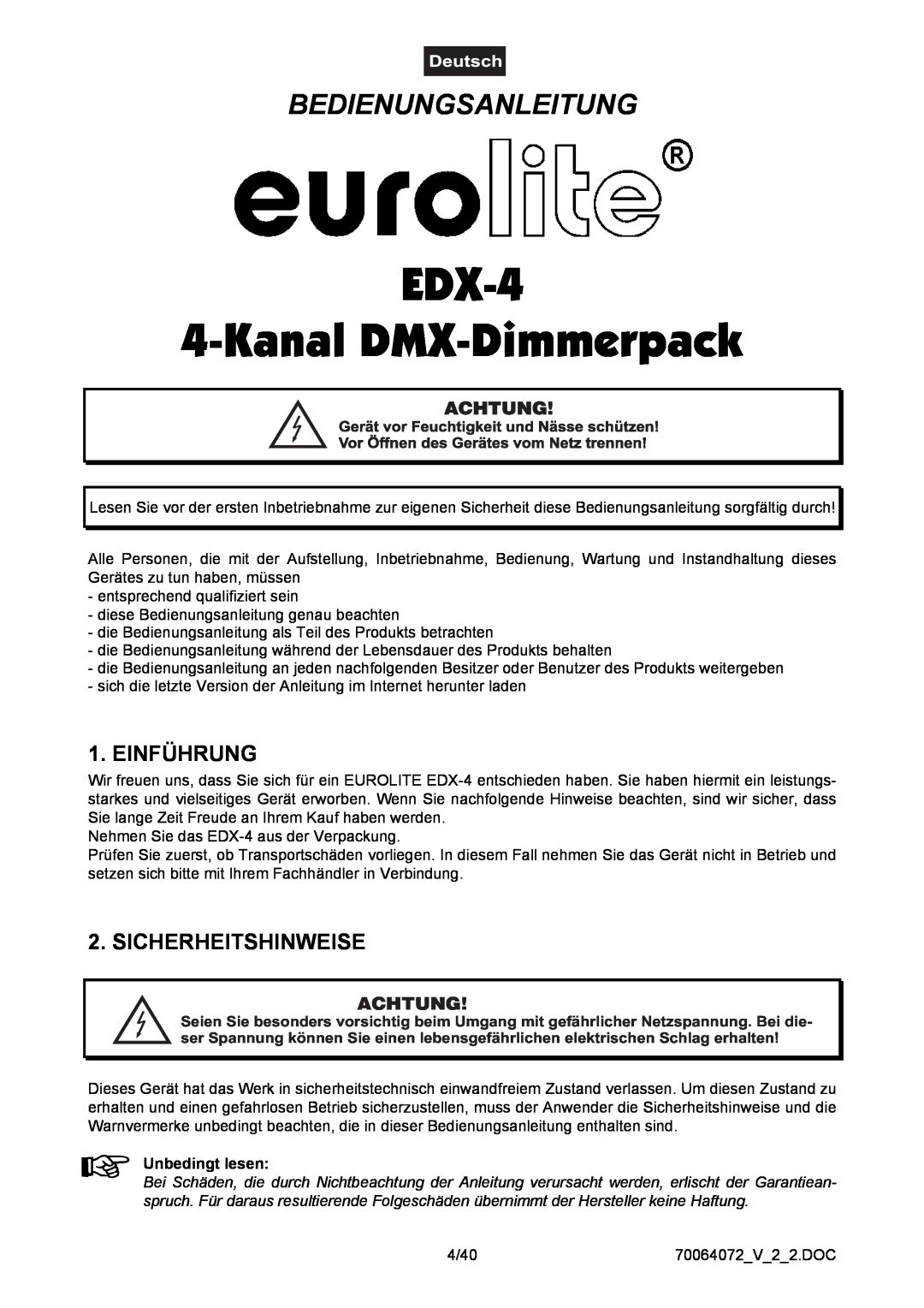 EuroLite Cases user manual EDX-4 4-Kanal DMX-Dimmerpack, Bedienungsanleitung, Einführung, Sicherheitshinweise, Achtung 
