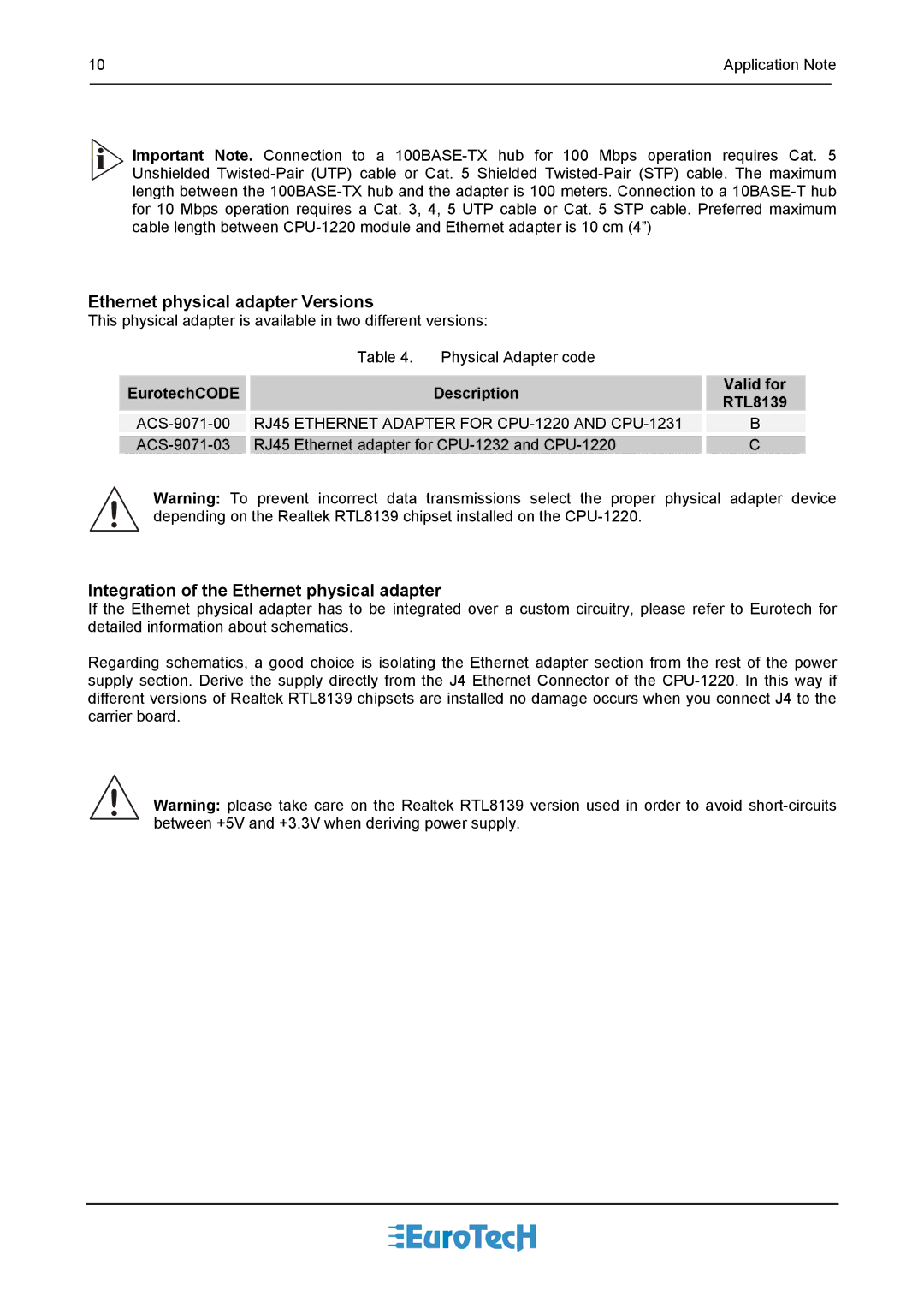 Eurotech Appliances An0038 manual Ethernet physical adapter Versions 