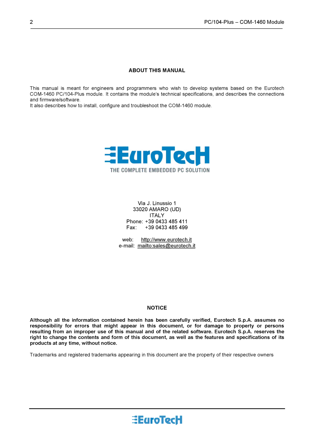 Eurotech Appliances COM-1460 user manual About this Manual 