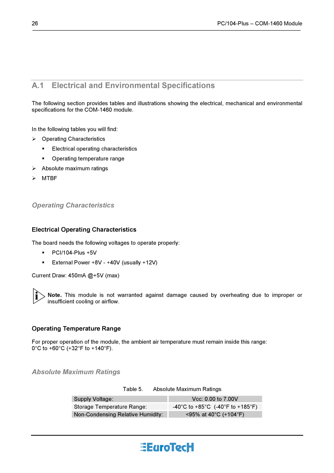 Eurotech Appliances COM-1460 user manual Electrical and Environmental Specifications, Operating Characteristics 