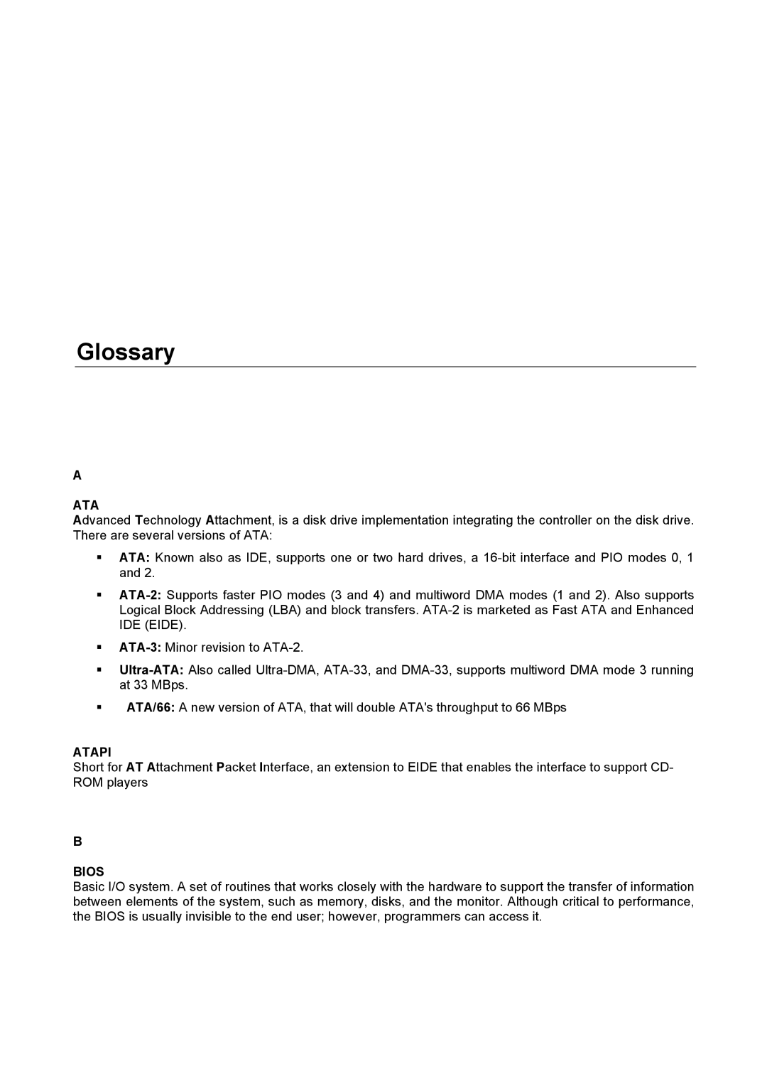 Eurotech Appliances COM-1460 user manual Glossary, Atapi, Bios 