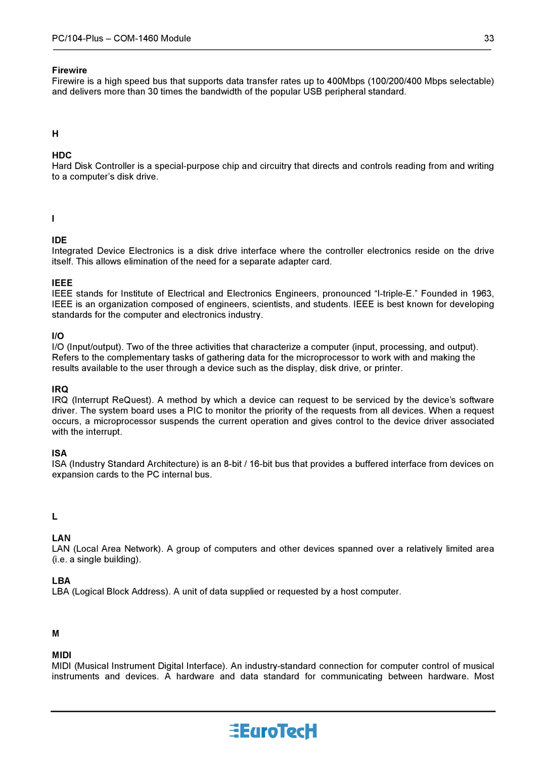 Eurotech Appliances COM-1460 user manual Hdc, Ide, Ieee, Irq, Isa, Lan, Lba, Midi 