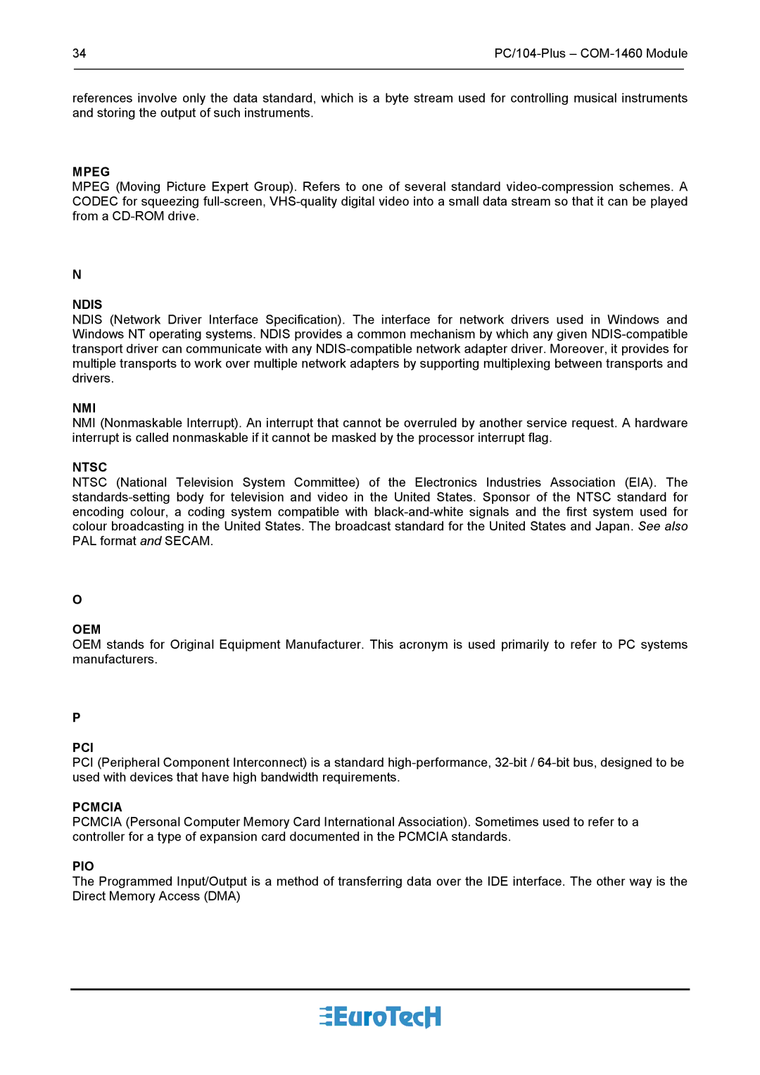 Eurotech Appliances COM-1460 user manual Mpeg, Ndis, Nmi, Ntsc, Oem, Pci, Pcmcia, Pio 