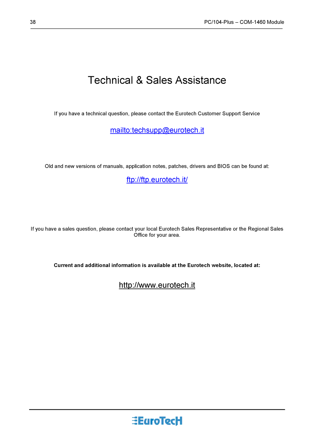 Eurotech Appliances COM-1460 user manual Technical & Sales Assistance 