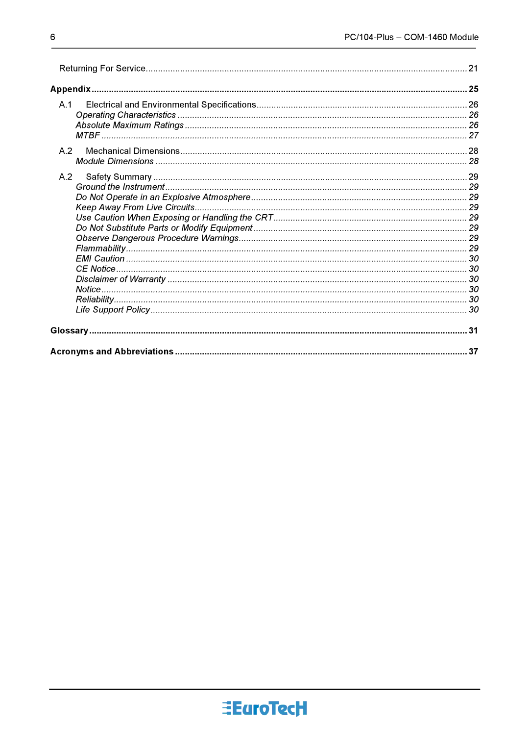 Eurotech Appliances COM-1460 user manual Glossary Acronyms and Abbreviations 