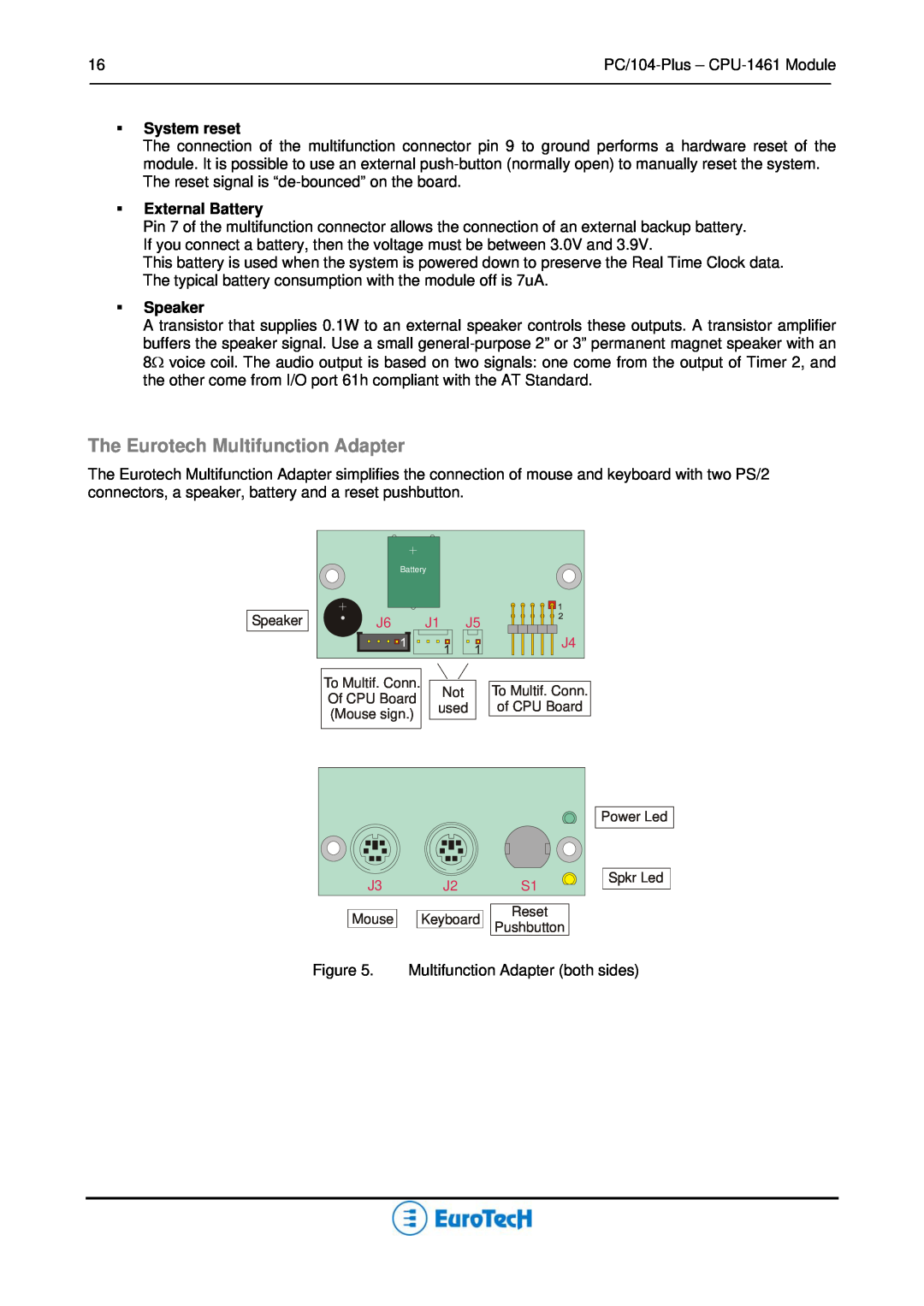 Eurotech Appliances CPU-1461 user manual The Eurotech Multifunction Adapter, ƒ System reset, ƒ External Battery, ƒ Speaker 