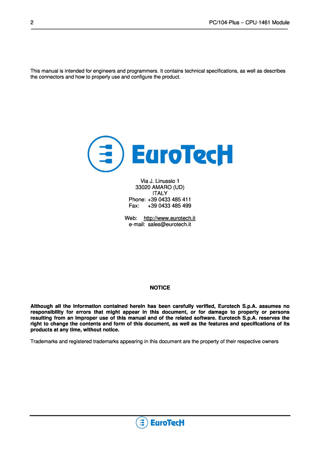 Eurotech Appliances user manual PC/104-Plus - CPU-1461 Module 