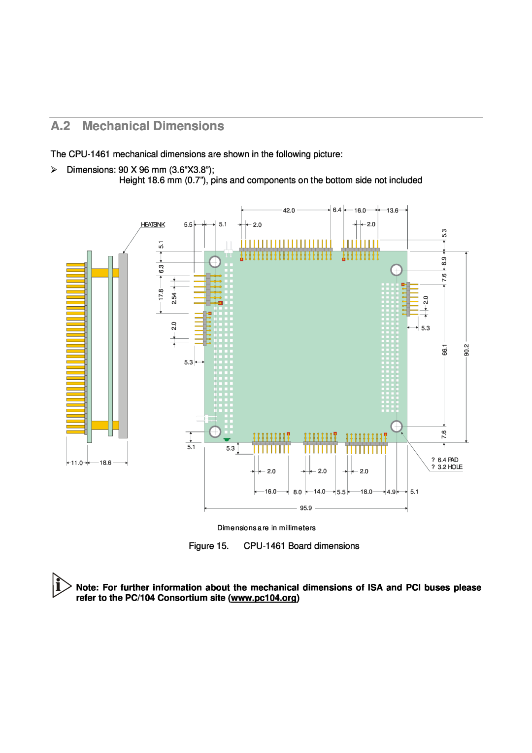Eurotech Appliances user manual A.2 Mechanical Dimensions, ¾ Dimensions 90 X 96 mm 3.6”X3.8”, CPU-1461 Board dimensions 