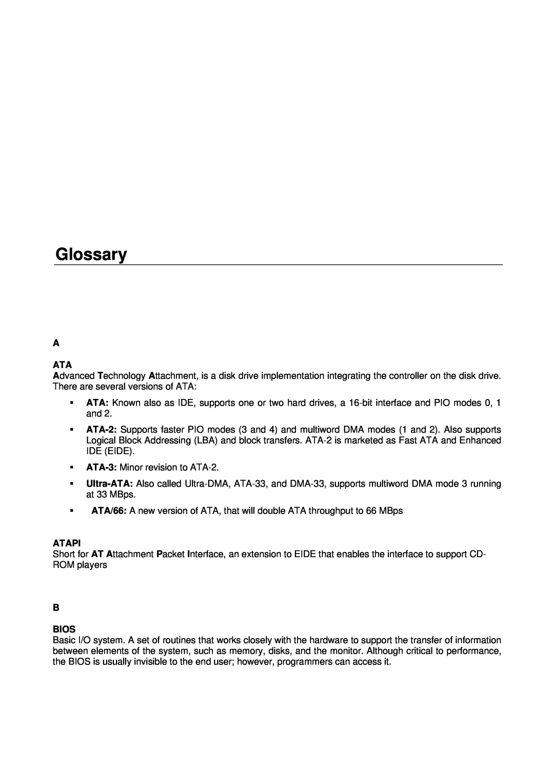 Eurotech Appliances CPU-1461 user manual Glossary, A Ata, Atapi, B Bios 