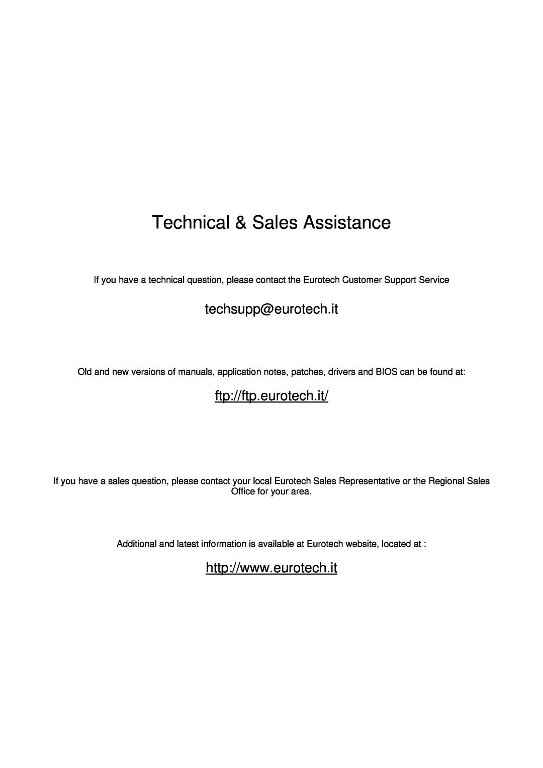 Eurotech Appliances CPU-1461 user manual Technical & Sales Assistance, techsupp@eurotech.it, ftp//ftp.eurotech.it 