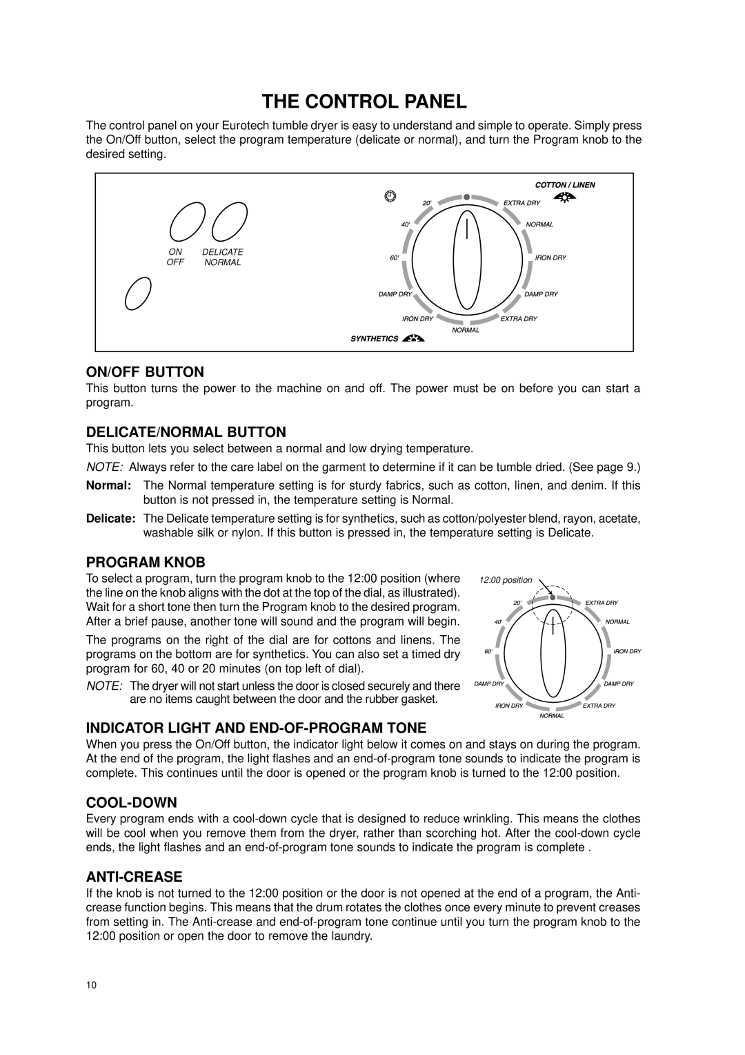 Eurotech Appliances EDV158 owner manual Control Panel 