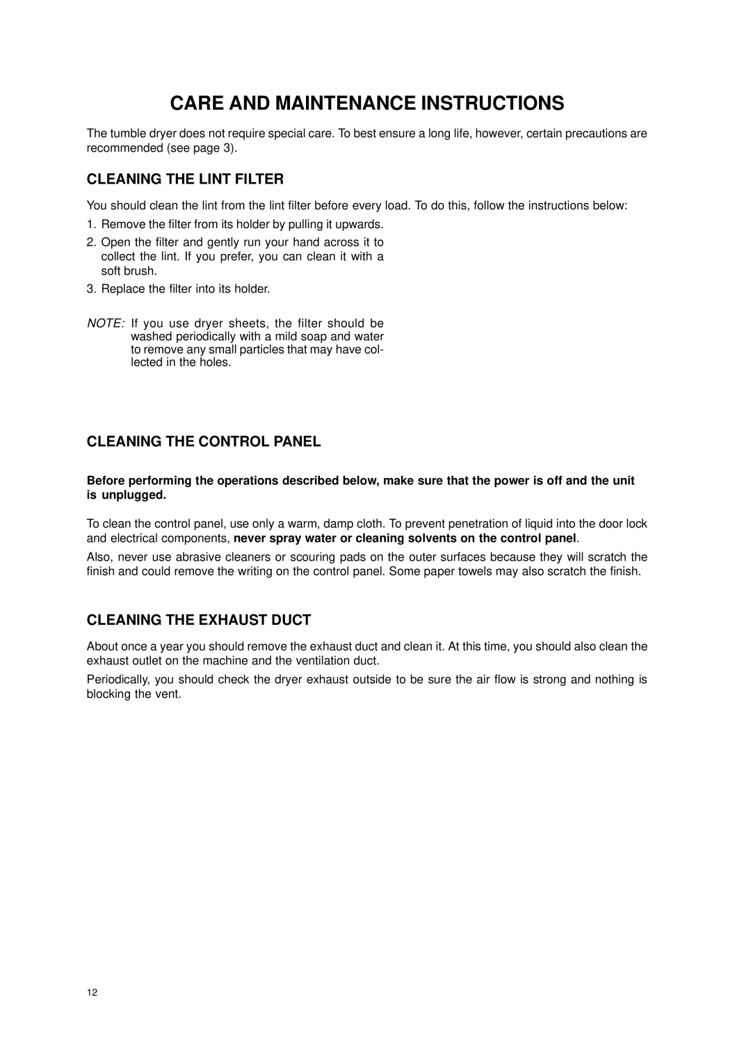 Eurotech Appliances EDV158 Care and Maintenance Instructions, Cleaning the Lint Filter, Cleaning the Control Panel 