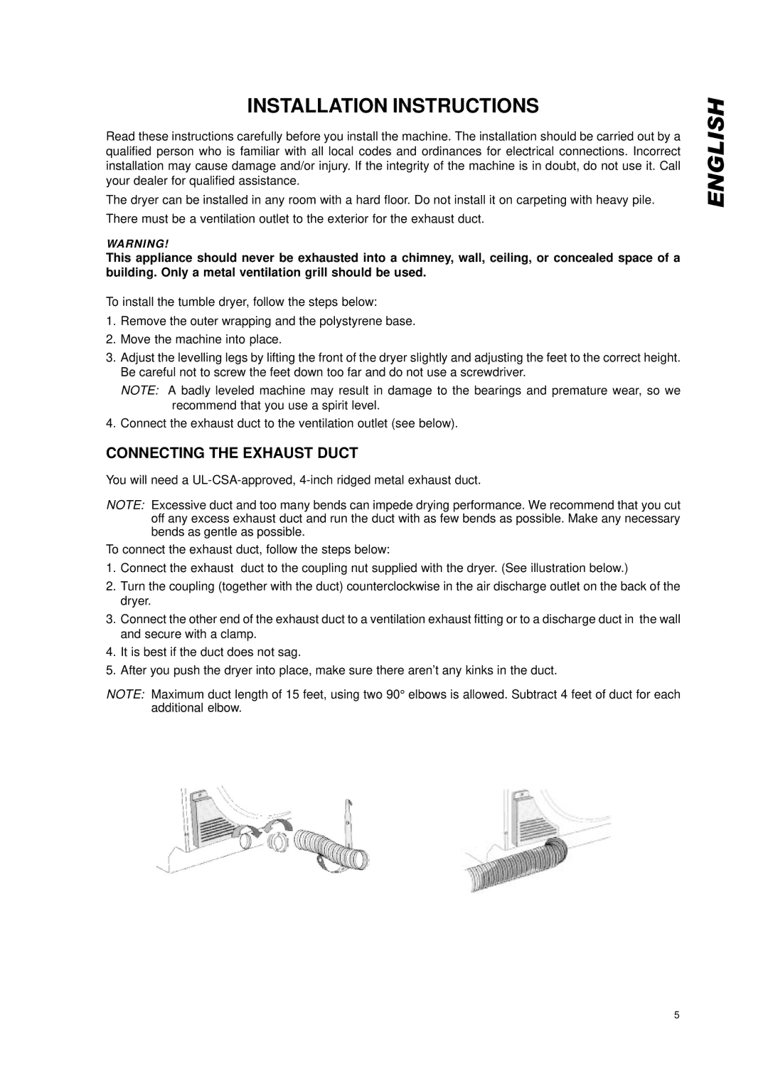 Eurotech Appliances EDV158 owner manual Installation Instructions, Connecting the Exhaust Duct 