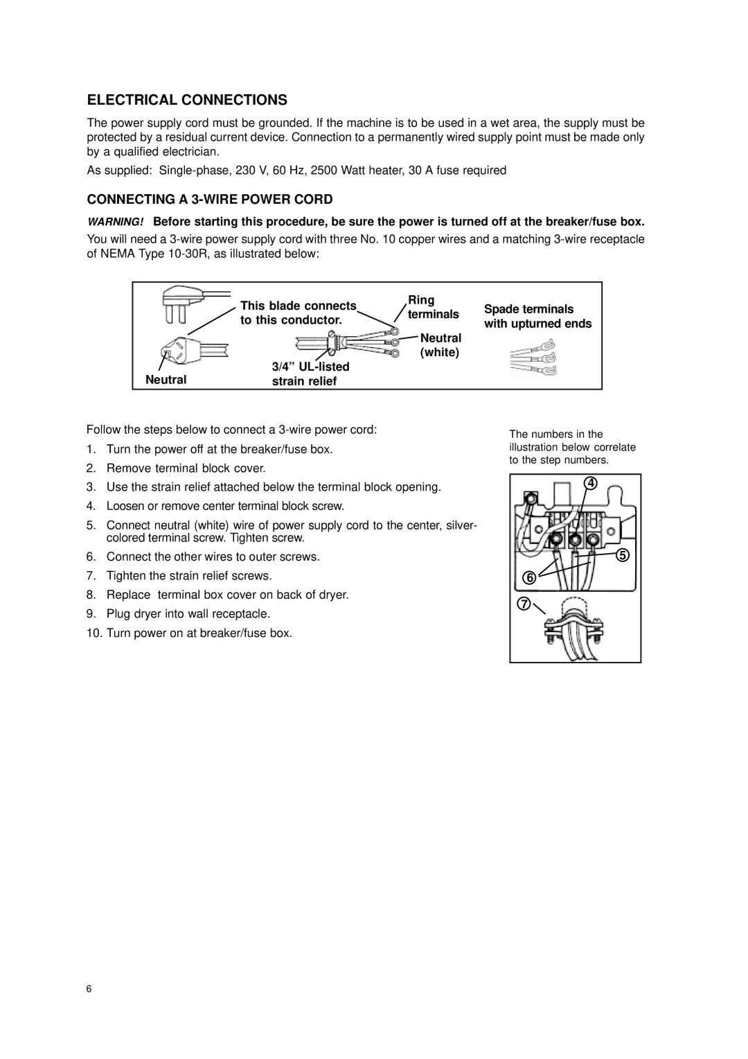 Eurotech Appliances EDV158 owner manual Electrical Connections, Connecting a 3-WIRE Power Cord 