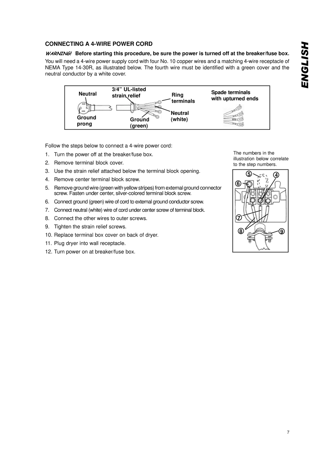 Eurotech Appliances EDV158 owner manual Connecting a 4-WIRE Power Cord 