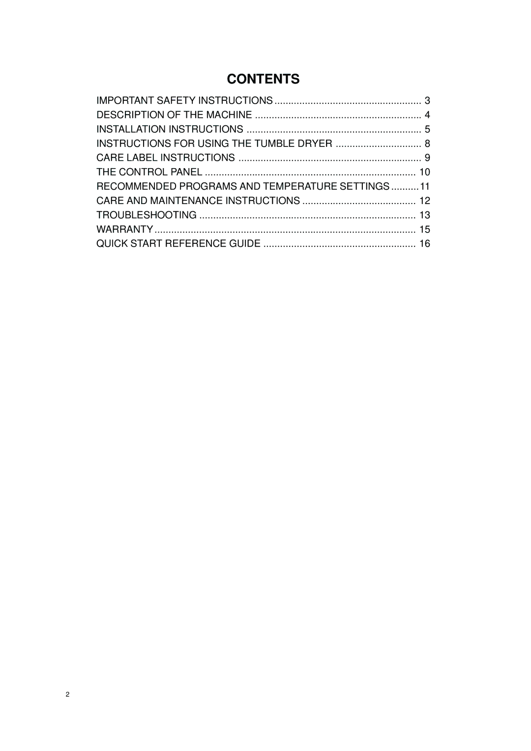 Eurotech Appliances EDV278EL owner manual Contents 