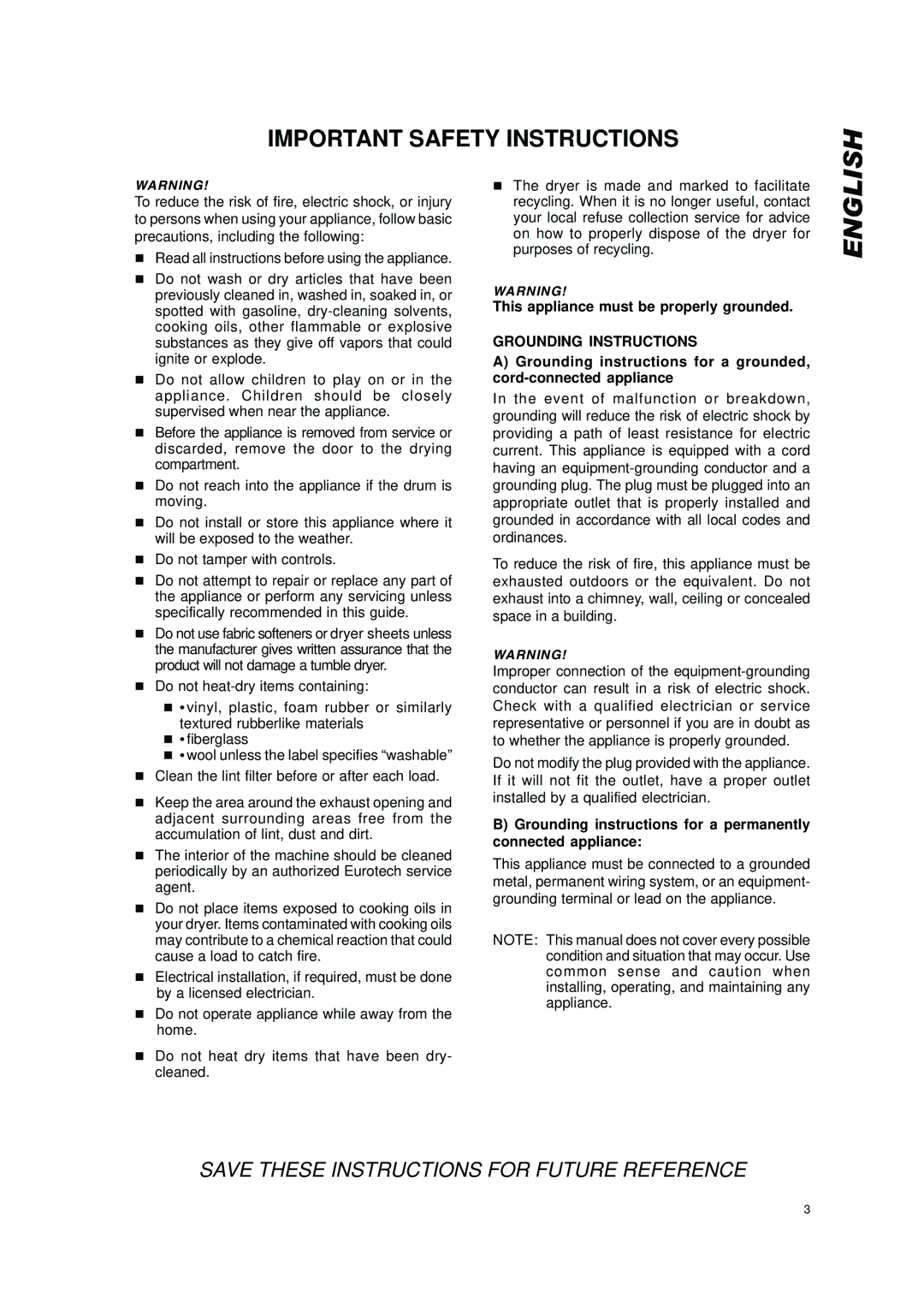 Eurotech Appliances EDV278EL owner manual Important Safety Instructions, Grounding Instructions 