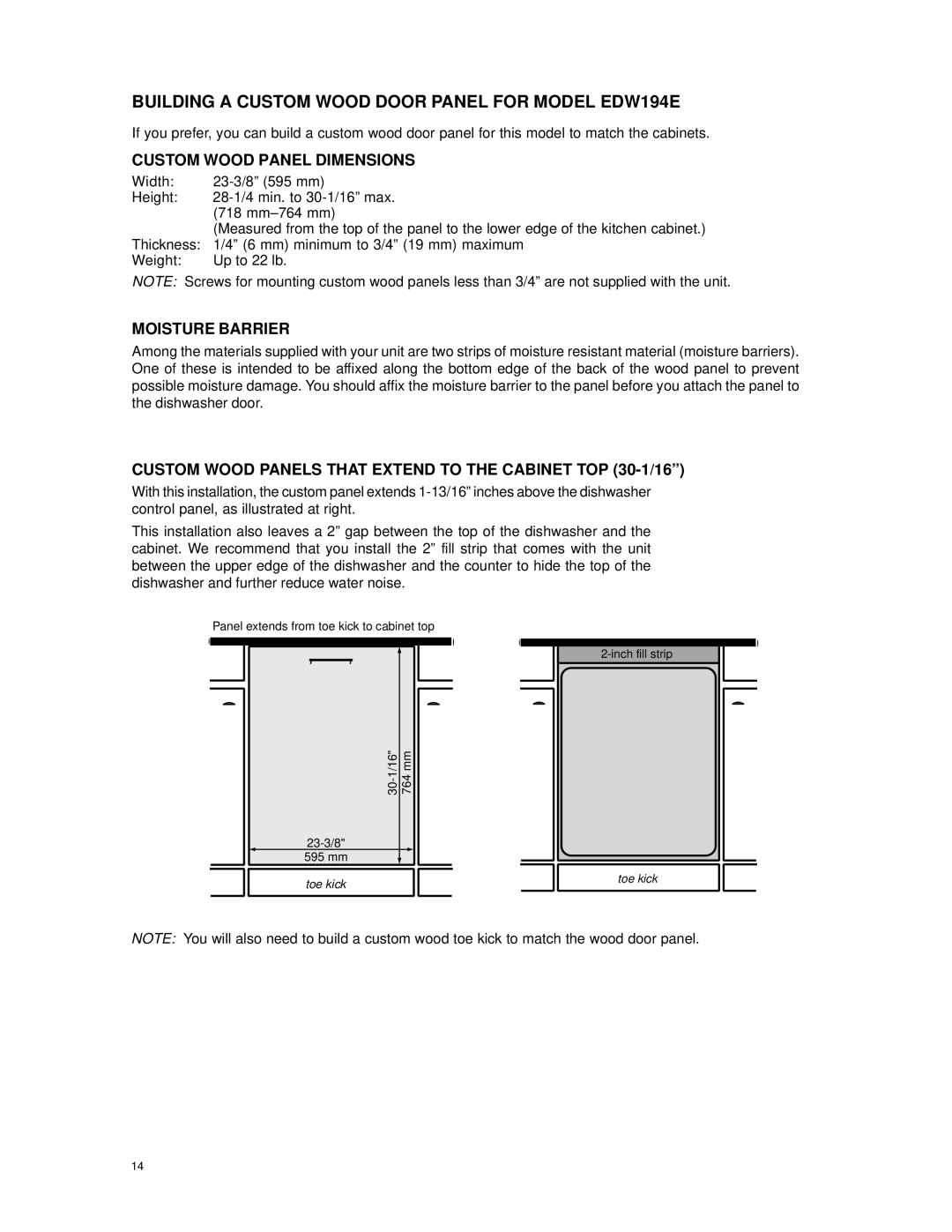 Eurotech Appliances EDW174E, EDW154E Building a Custom Wood Door Panel for Model EDW194E, Custom Wood Panel Dimensions 