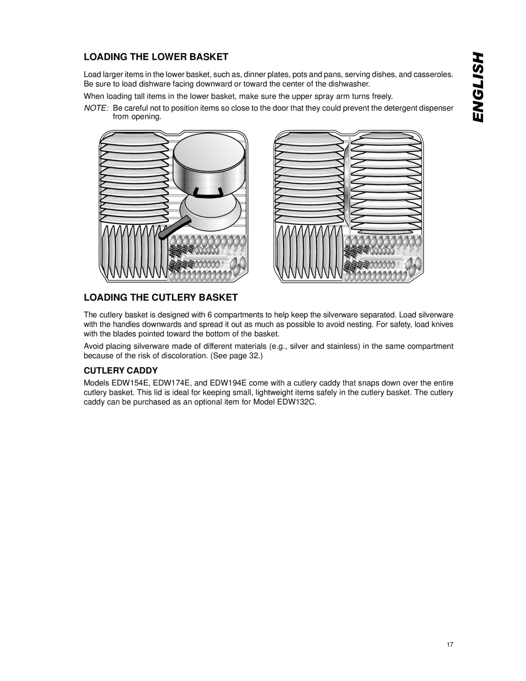 Eurotech Appliances EDW174E, EDW194E, EDW154E Loading the Lower Basket, Loading the Cutlery Basket, Cutlery Caddy 