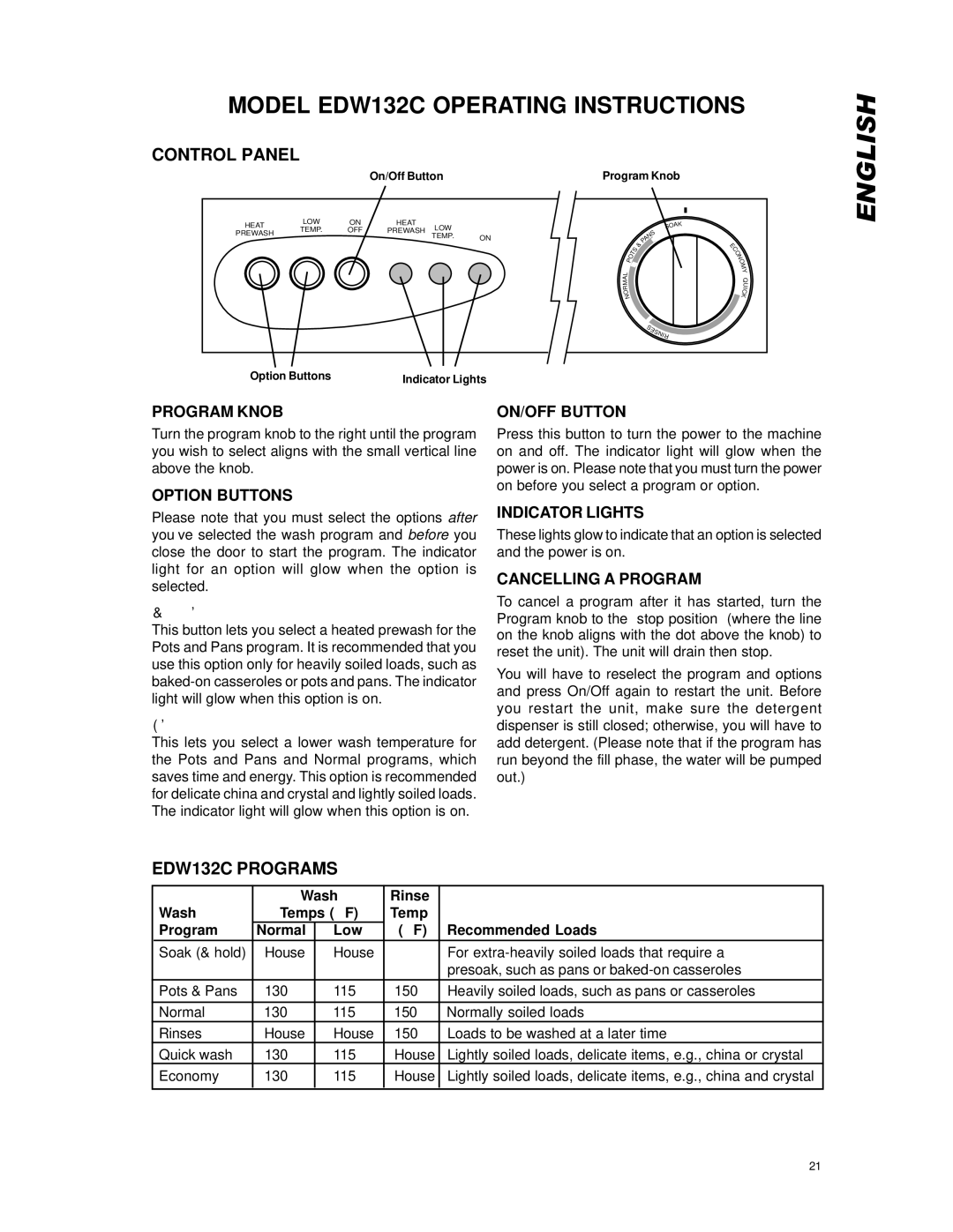 Eurotech Appliances EDW194E, EDW154E, EDW174E Model EDW132C Operating Instructions, Control Panel, EDW132C Programs 