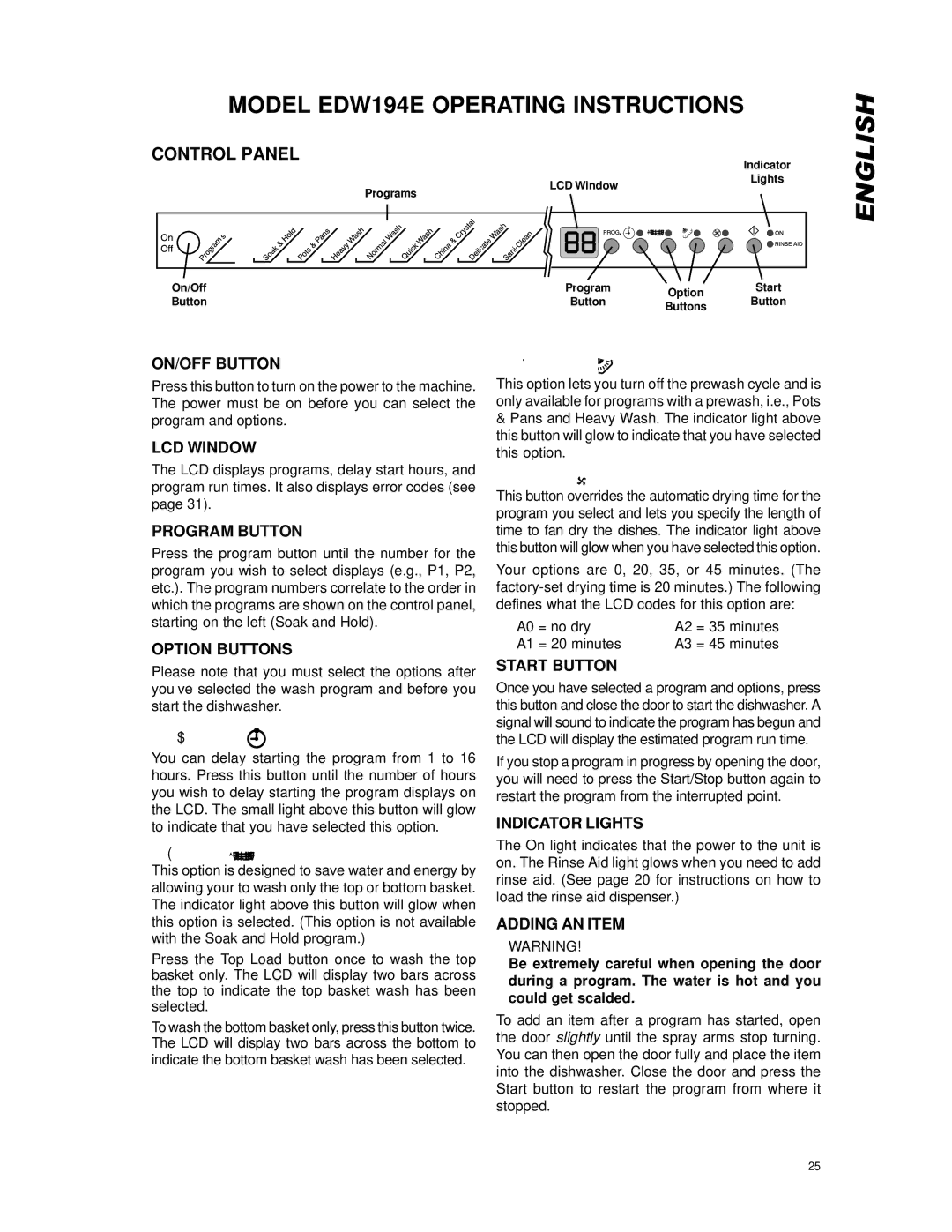 Eurotech Appliances EDW154E, EDW174E owner manual Model EDW194E Operating Instructions 