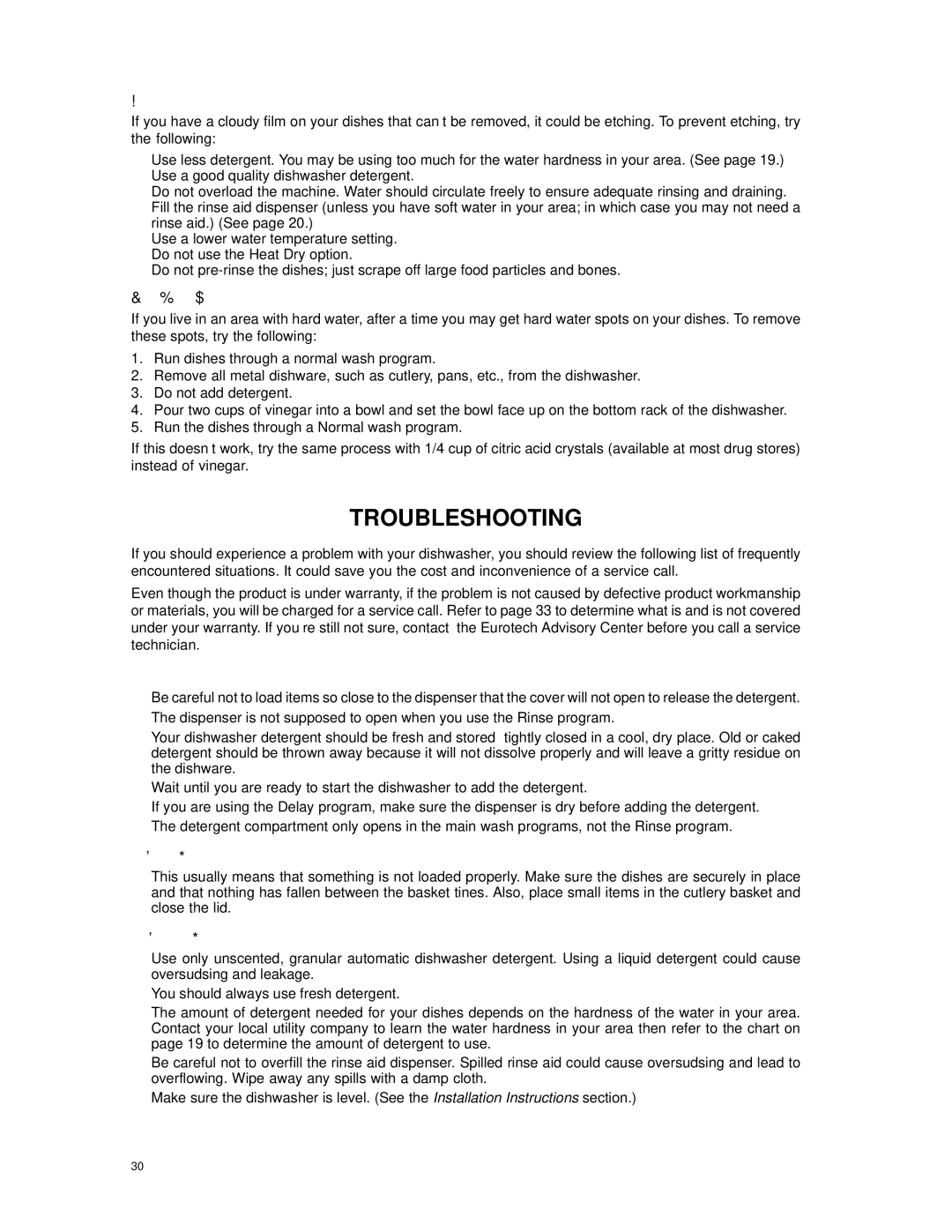 Eurotech Appliances EDW194E, EDW154E, EDW174E owner manual Troubleshooting, Etching 