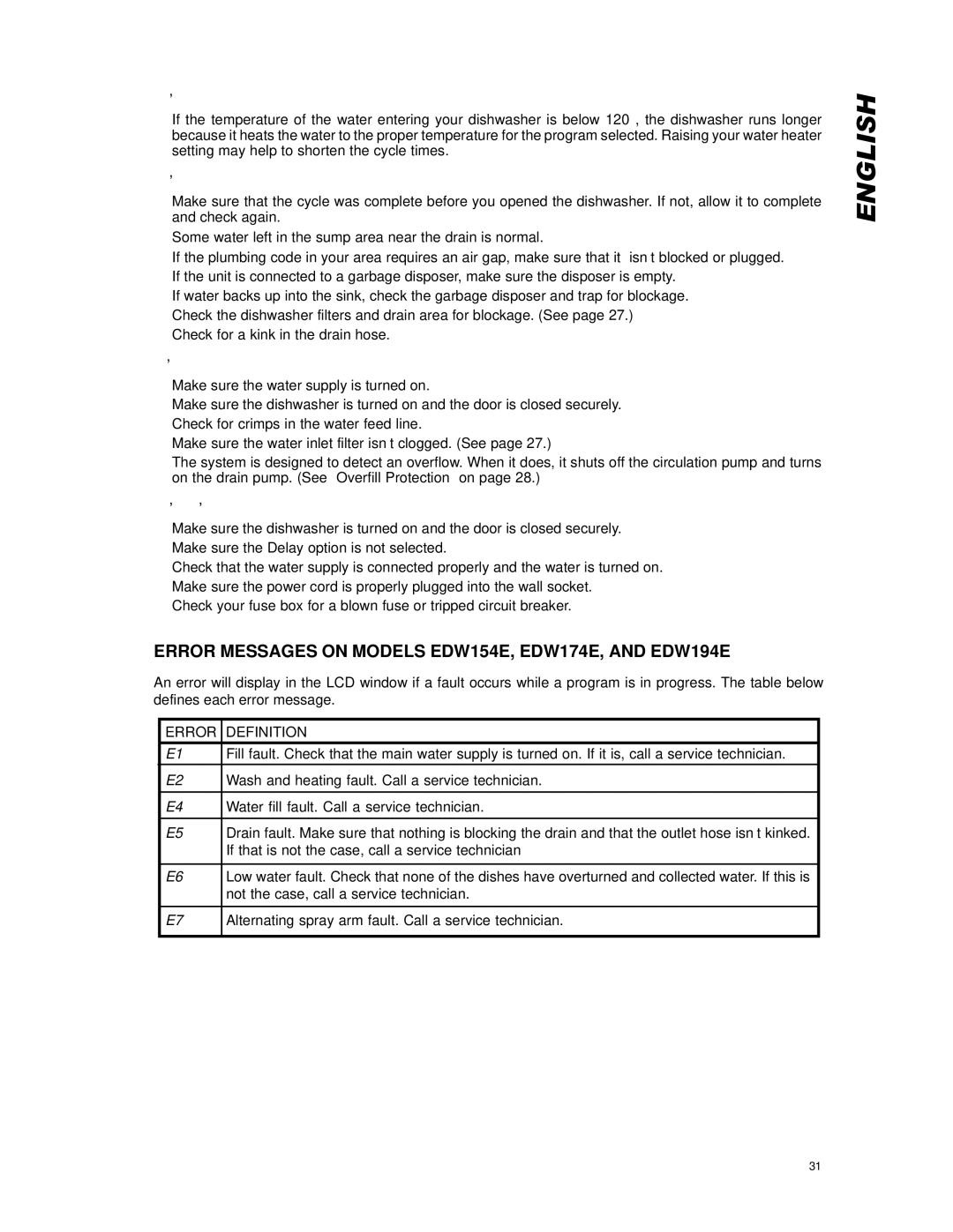 Eurotech Appliances owner manual Error Messages on Models EDW154E, EDW174E, and EDW194E, Dishwasher runs too long 