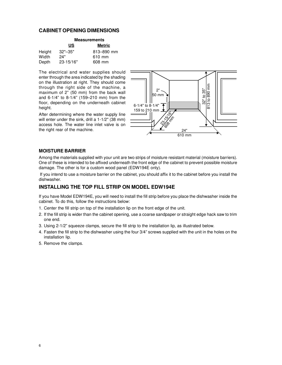 Eurotech Appliances Cabinet Opening Dimensions, Installing the TOP Fill Strip on Model EDW194E, Moisture Barrier 