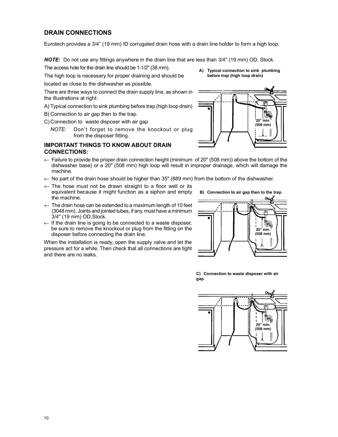 Eurotech Appliances EDW274E, EDW294E, EDW242C, EDW254E owner manual Important Things to Know about Drain Connections 