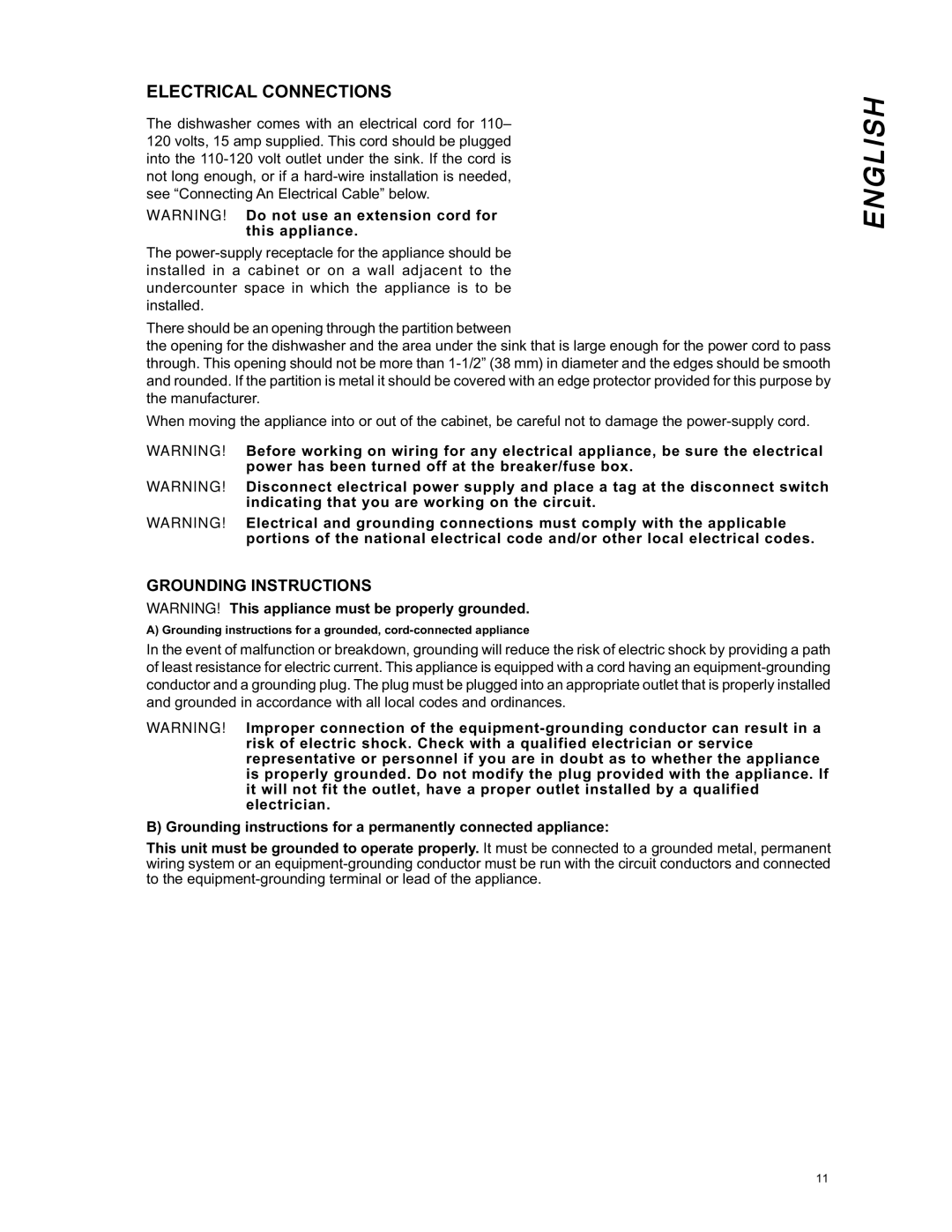 Eurotech Appliances EDW254E, EDW294E, EDW242C, EDW274E owner manual Electrical Connections, Grounding Instructions 