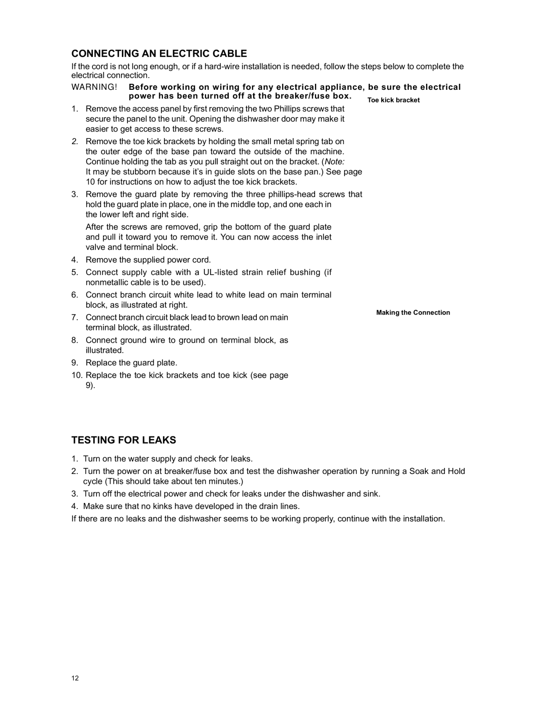 Eurotech Appliances EDW294E, EDW242C, EDW274E, EDW254E owner manual Connecting AN Electric Cable, Testing for Leaks 