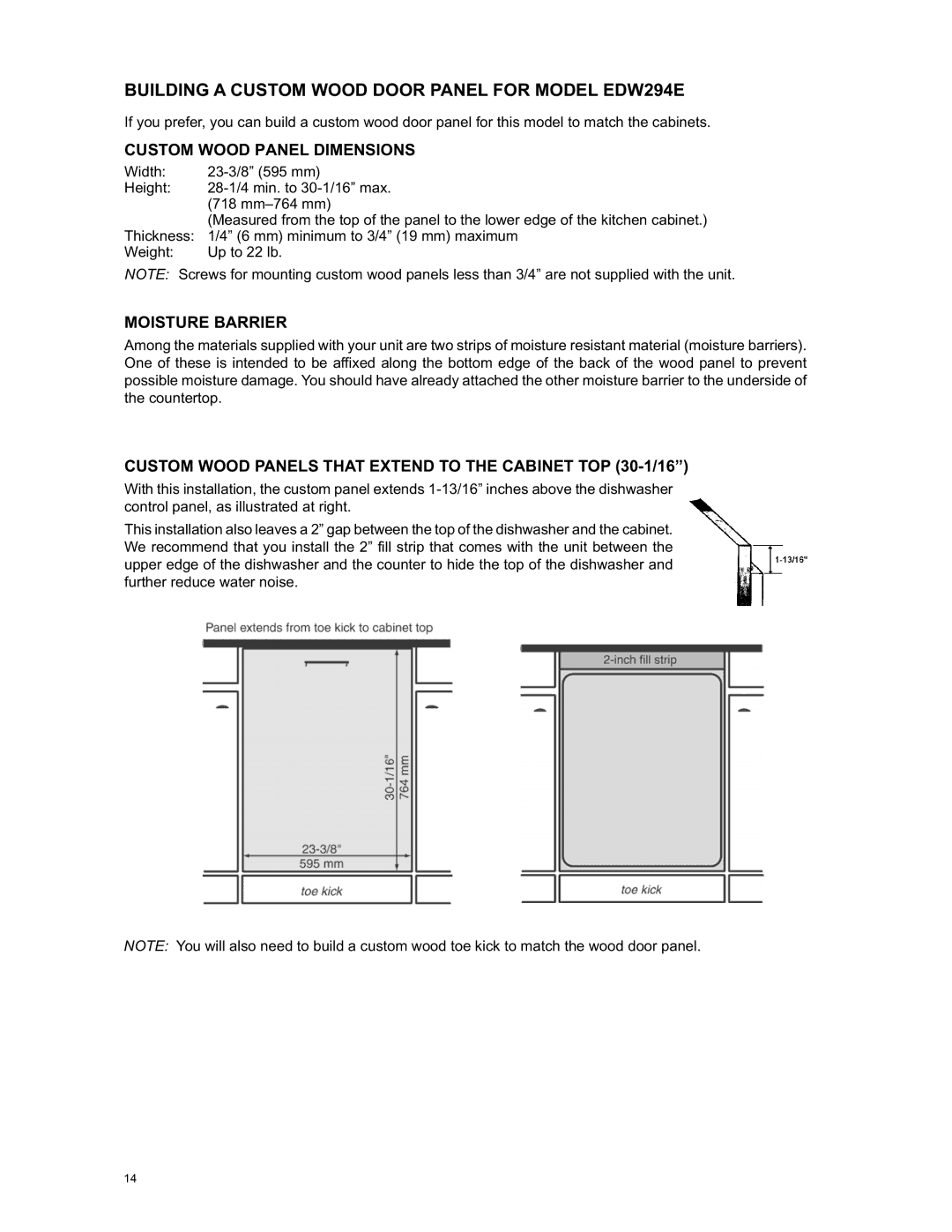 Eurotech Appliances EDW274E, EDW242C Building a Custom Wood Door Panel for Model EDW294E, Custom Wood Panel Dimensions 