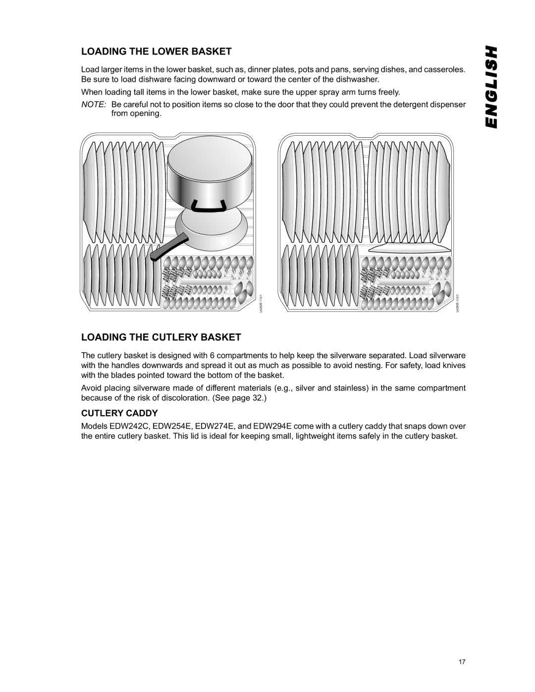 Eurotech Appliances EDW242C, EDW294E, EDW274E, EDW254E Loading the Lower Basket, Loading the Cutlery Basket, Cutlery Caddy 