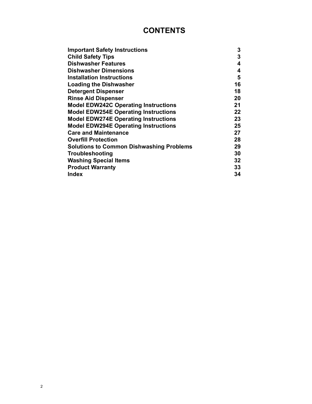 Eurotech Appliances EDW274E, EDW294E, EDW242C, EDW254E owner manual Contents 