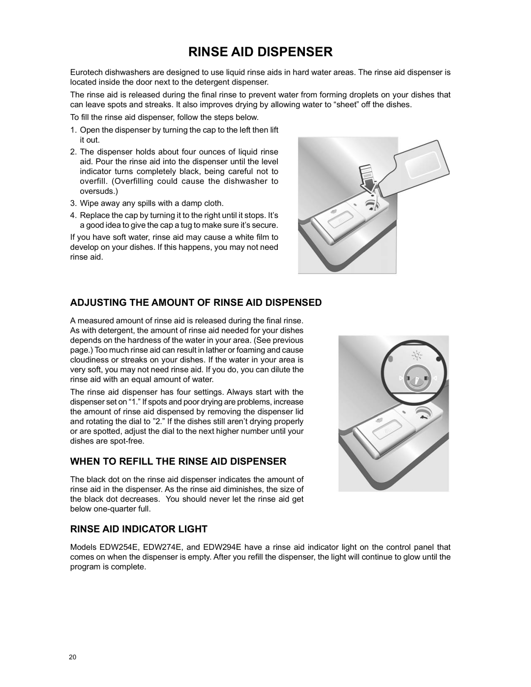 Eurotech Appliances EDW294E Rinse AID Dispenser, Adjusting the Amount of Rinse AID Dispensed, Rinse AID Indicator Light 