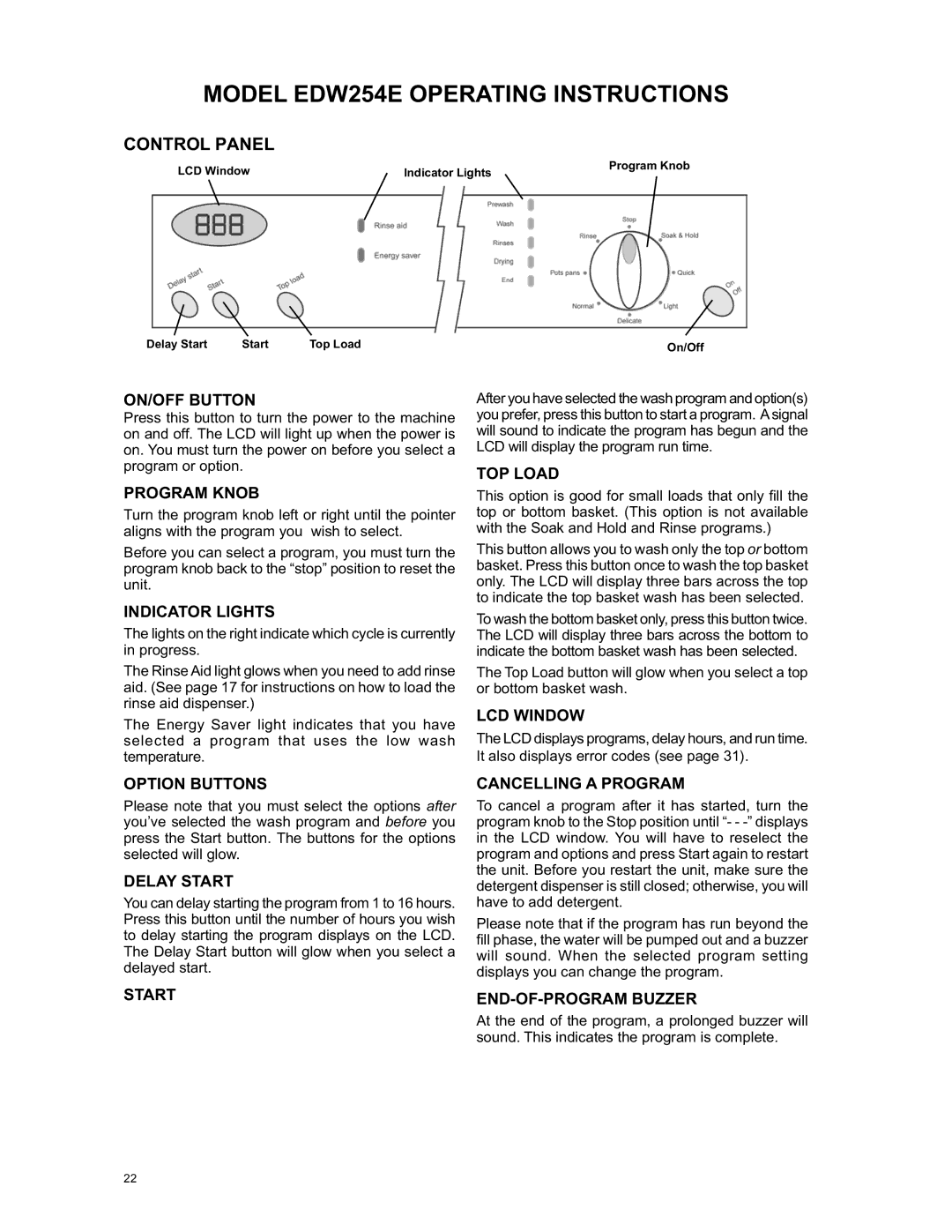 Eurotech Appliances EDW274E, EDW294E, EDW242C owner manual Model EDW254E Operating Instructions, Control Panel 