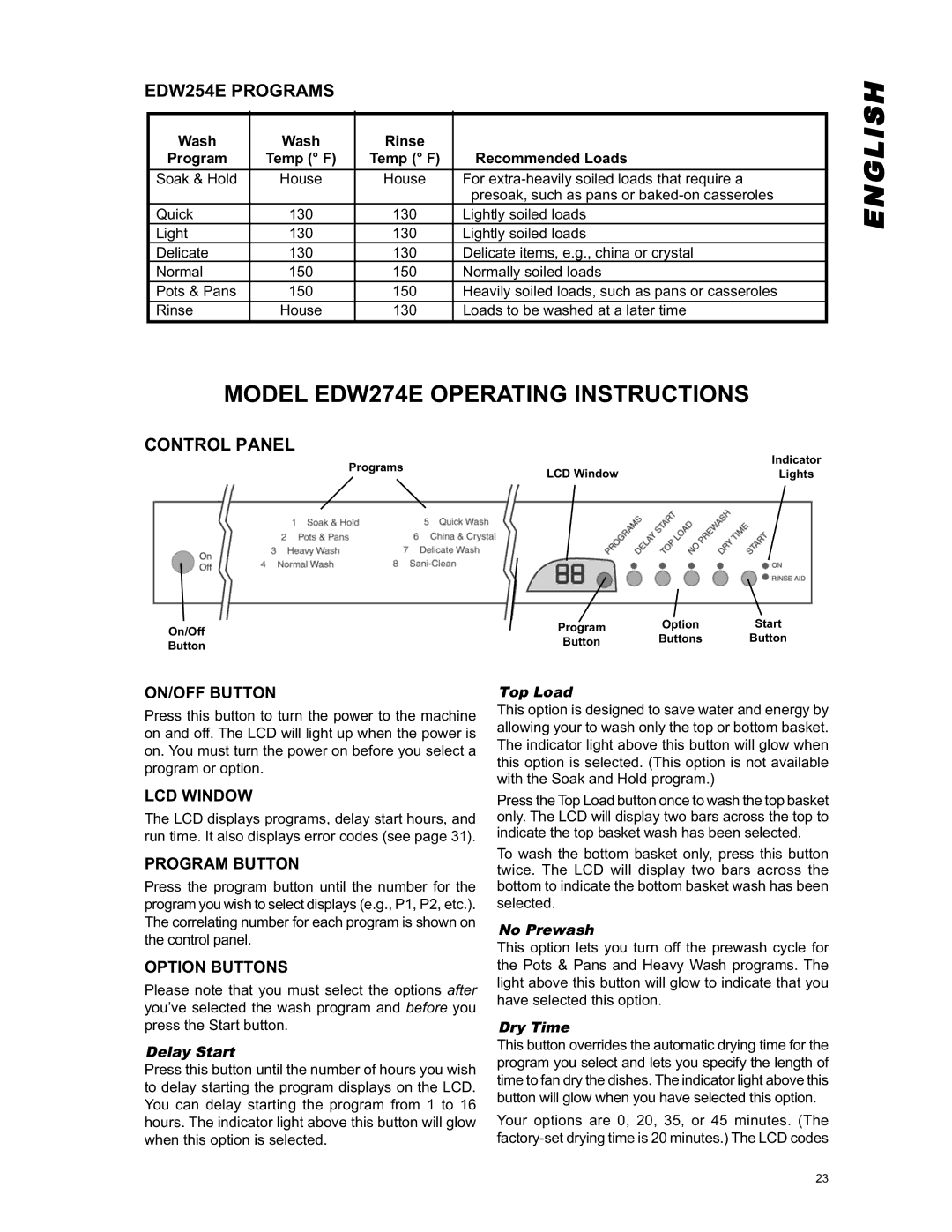 Eurotech Appliances EDW294E, EDW242C Model EDW274E Operating Instructions, EDW254E Programs, Wash Rinse Program 