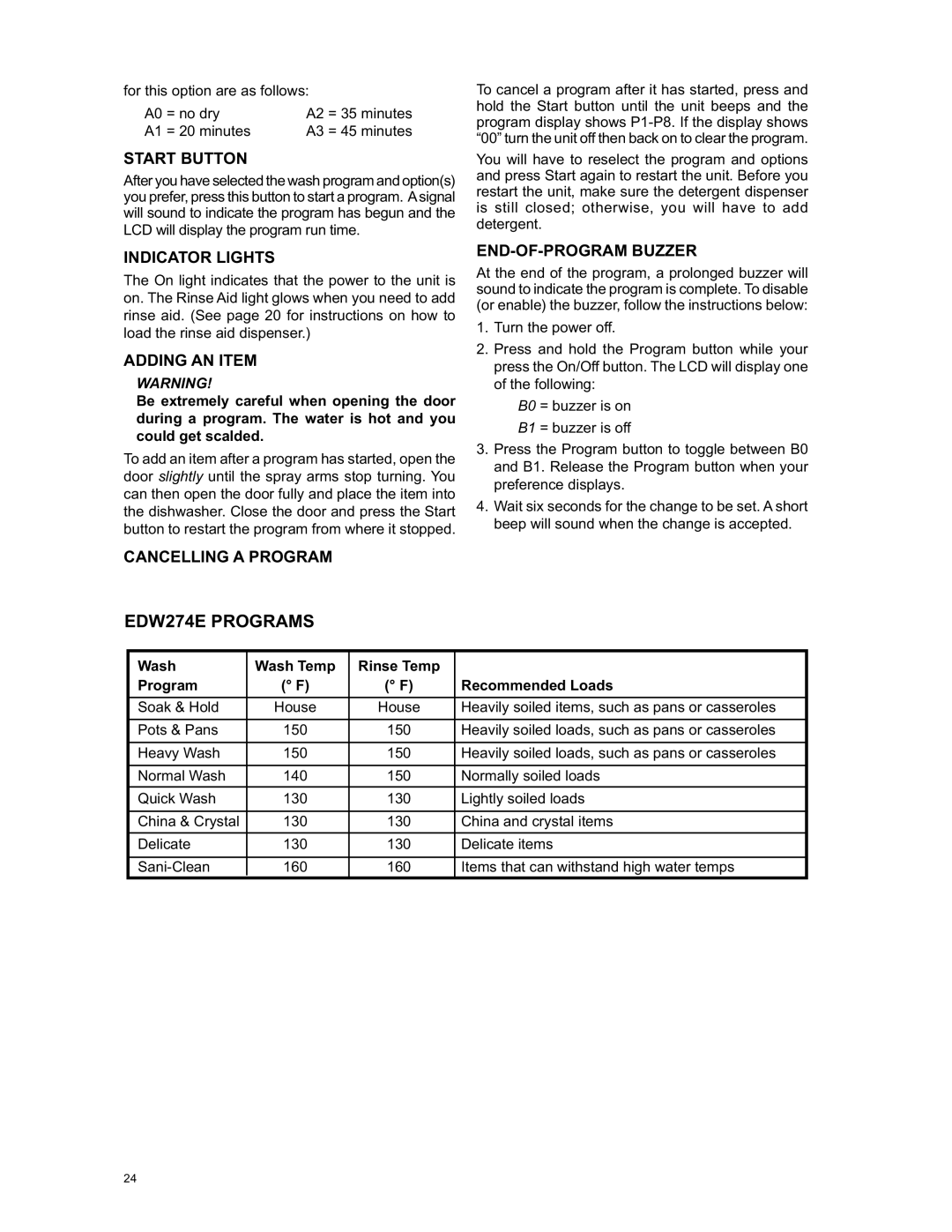 Eurotech Appliances EDW294E, EDW242C EDW274E Programs, Adding AN Item, Wash Wash Temp Rinse Temp Program Recommended Loads 